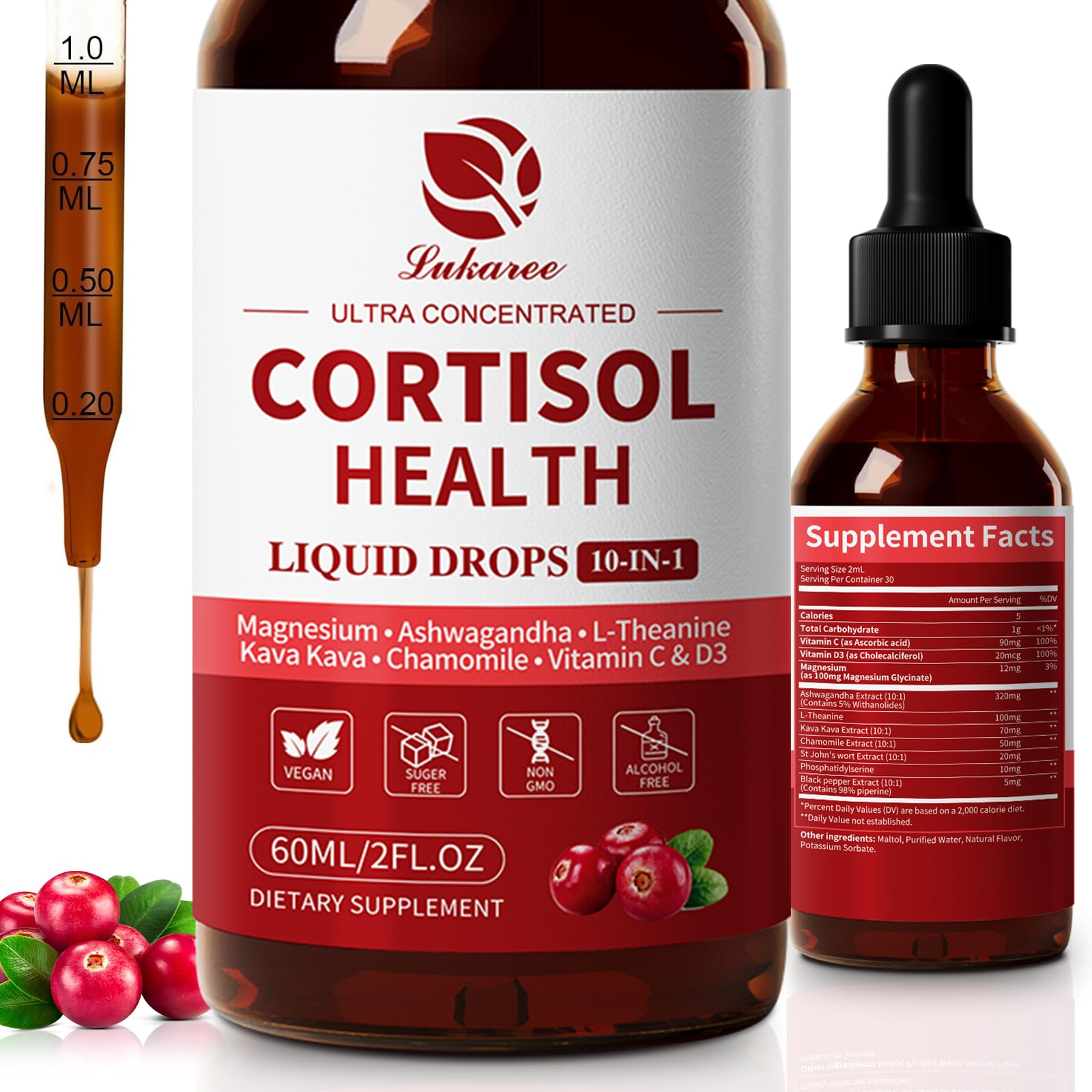 Cortisol Supplement Liquid Drops bottle in cranberry flavor