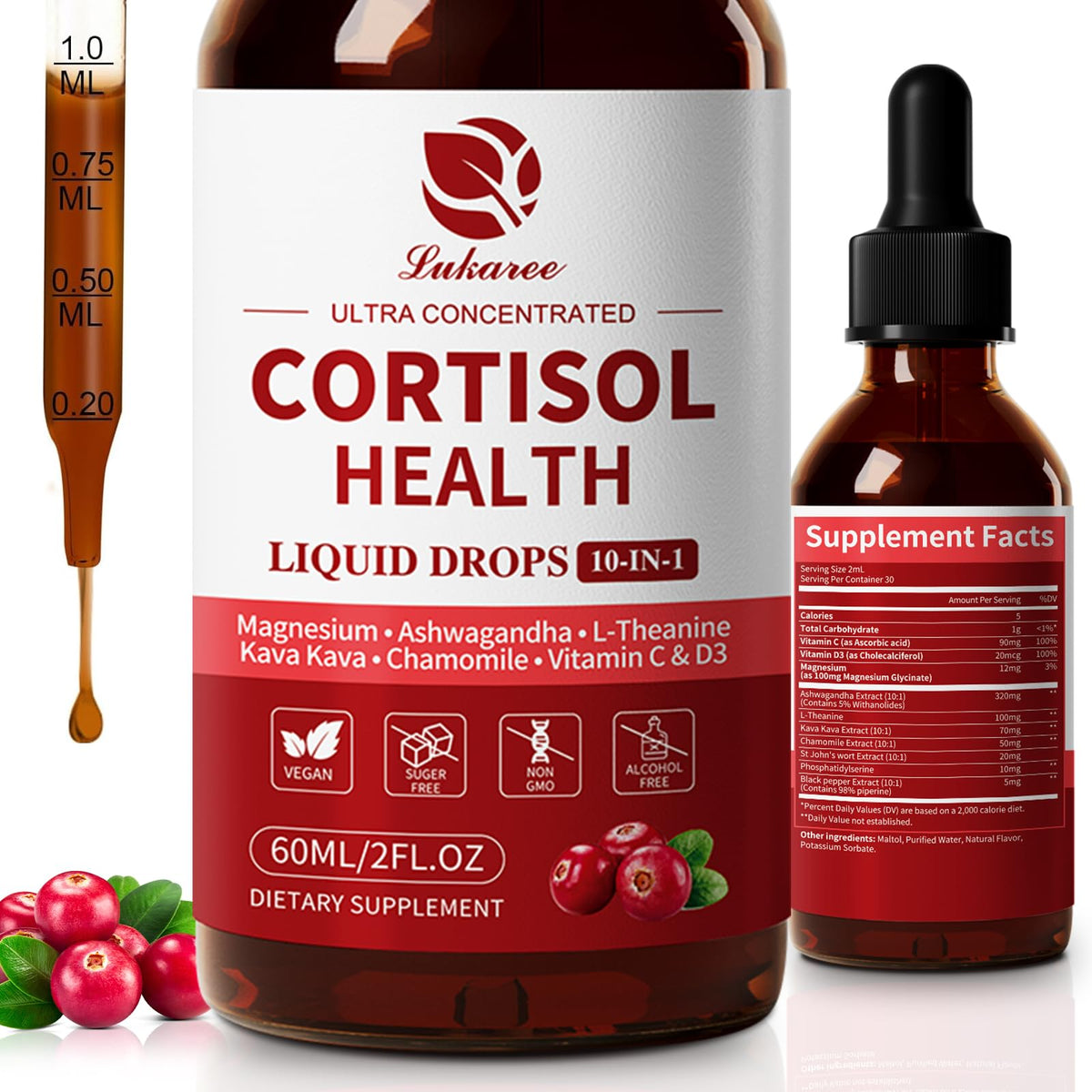 Cortisol Supplement Liquid Drops bottle in cranberry flavor