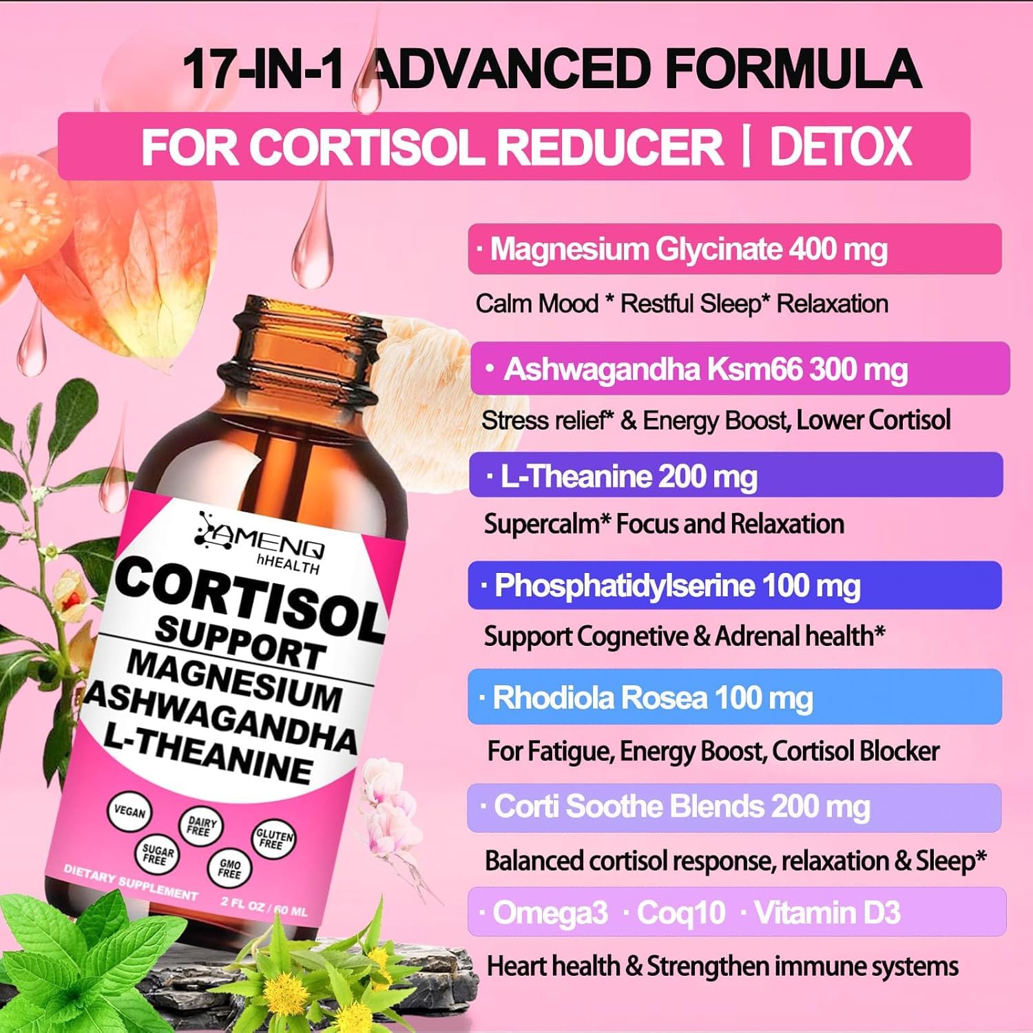 Bottle label for Cortisol Liquid Drops Raspberry flavor