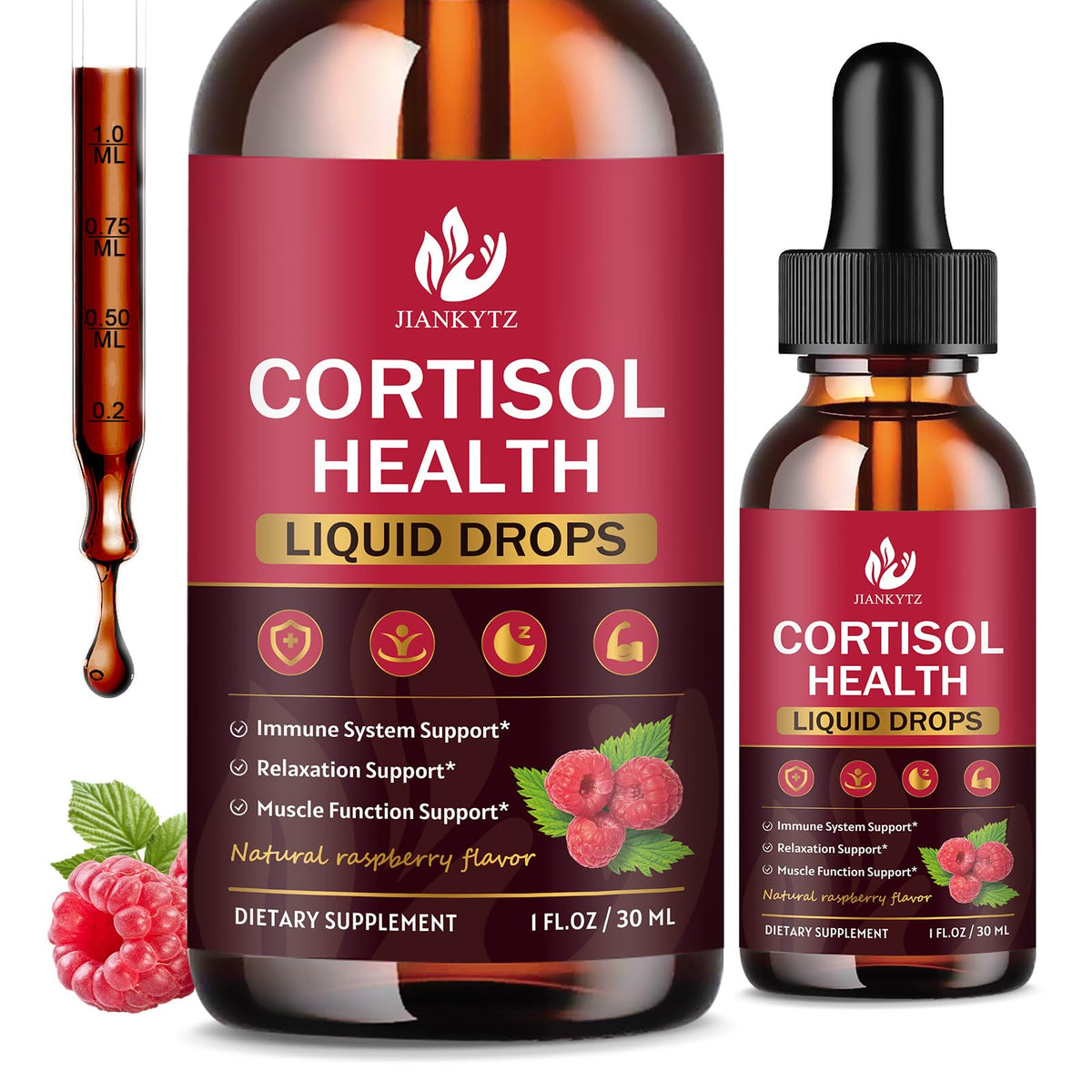 Front view of Cortisol Liquid Drops for Women 1 oz Raspberry flavor