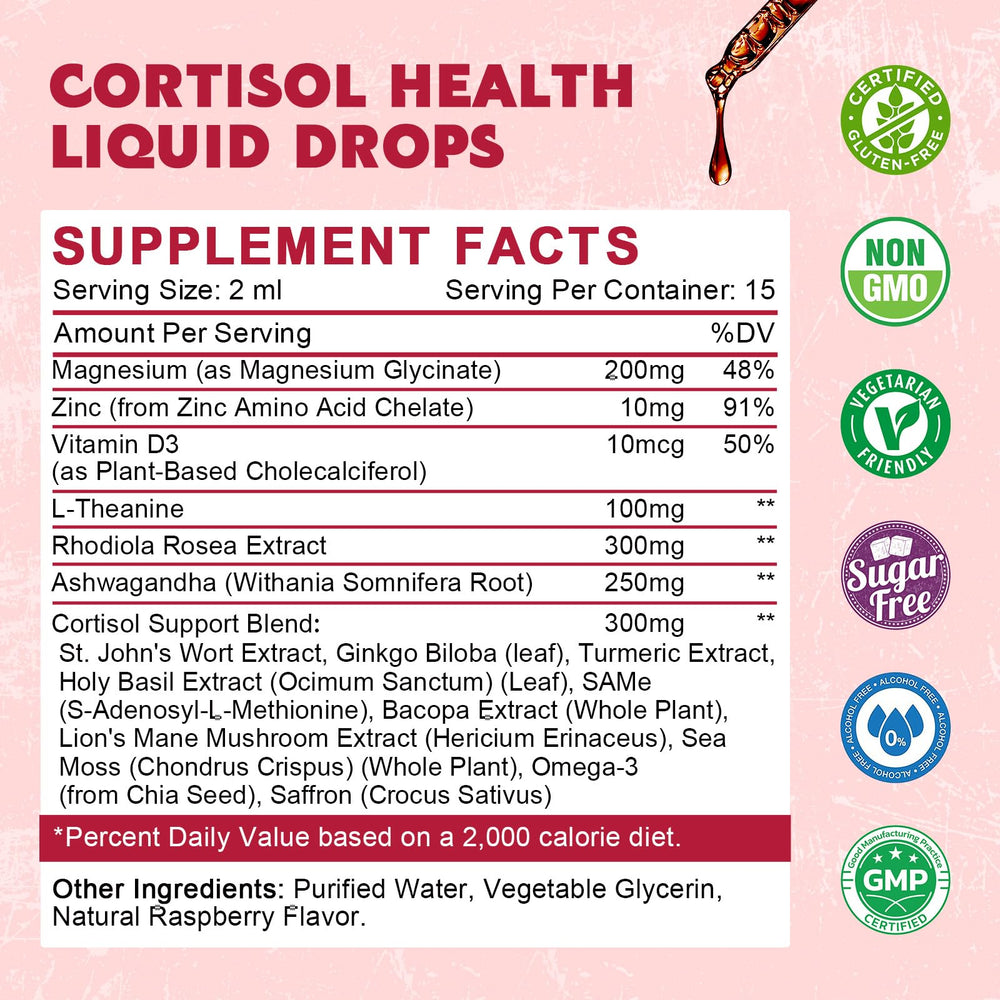 Dropper dispensing raspberry-flavored cortisol liquid drops