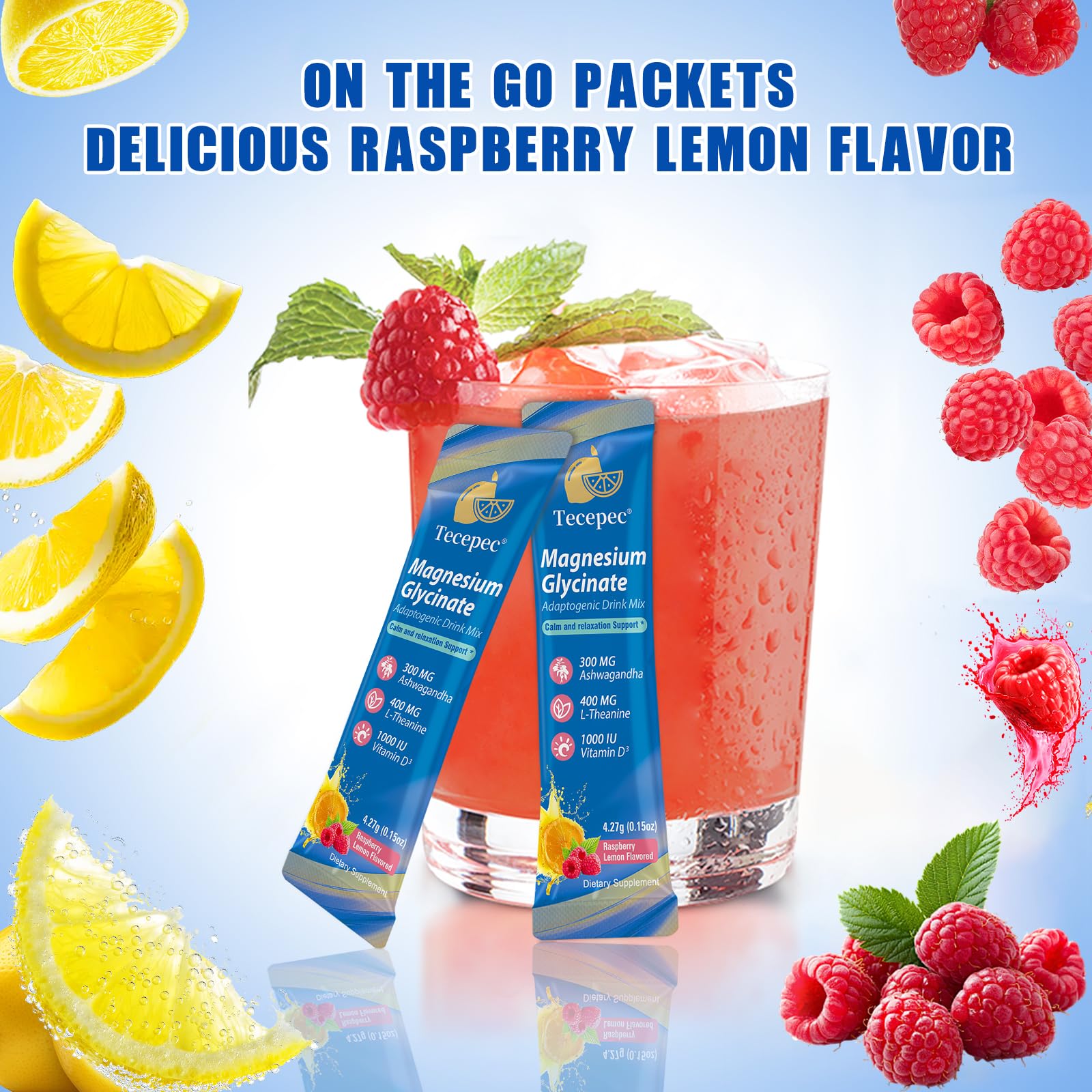 Front label of cortisol powdered drink mix Raspberry Lemonade