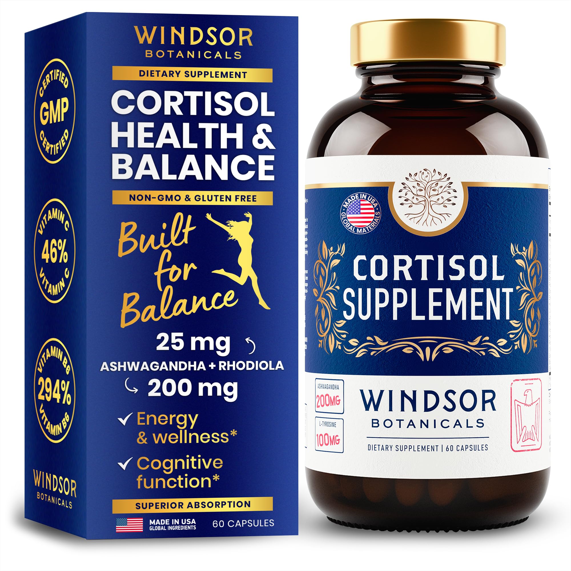 Cortisol supplement bottle with Ashwagandha, L-Tyrosine and Rhodiola ingredients