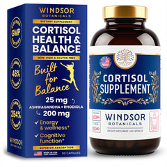Cortisol supplement bottle with Ashwagandha, L-Tyrosine and Rhodiola ingredients