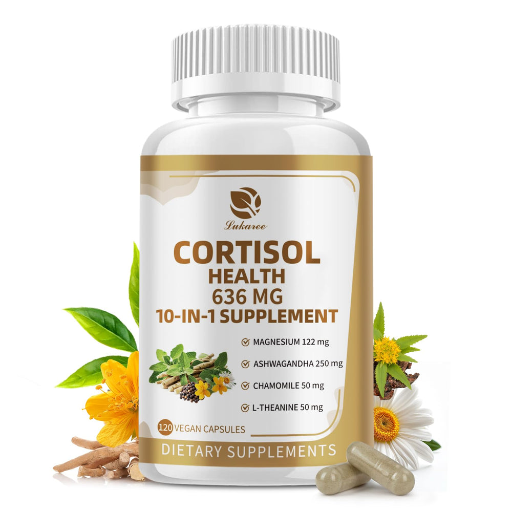 Bottle of cortisol supplement with product name
