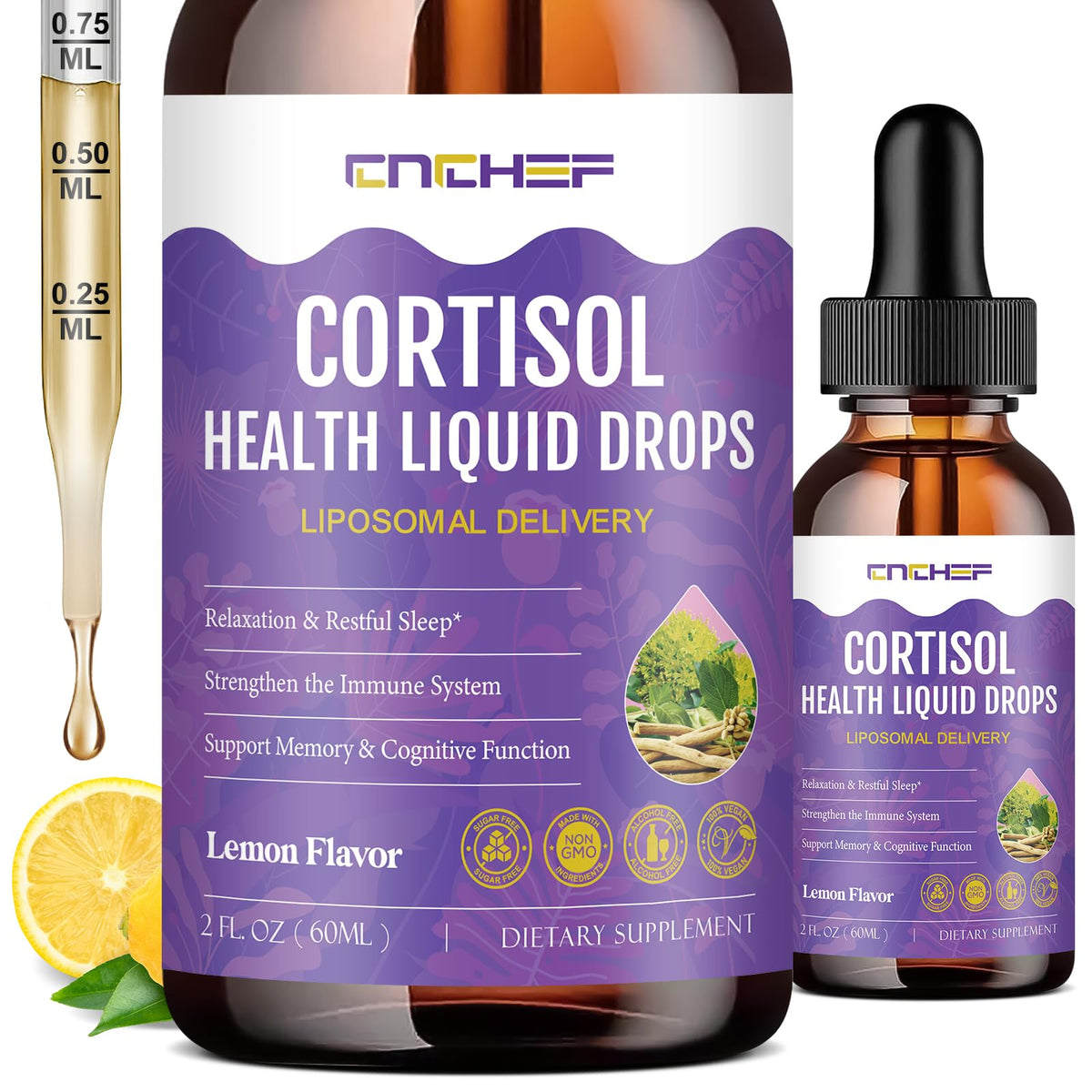 Cortisol supplement liquid drops bottle on white background