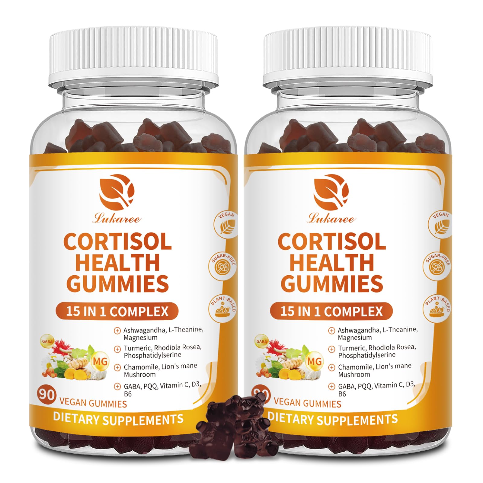 Cortisol gummies bottle showcasing 15-in-1 formula