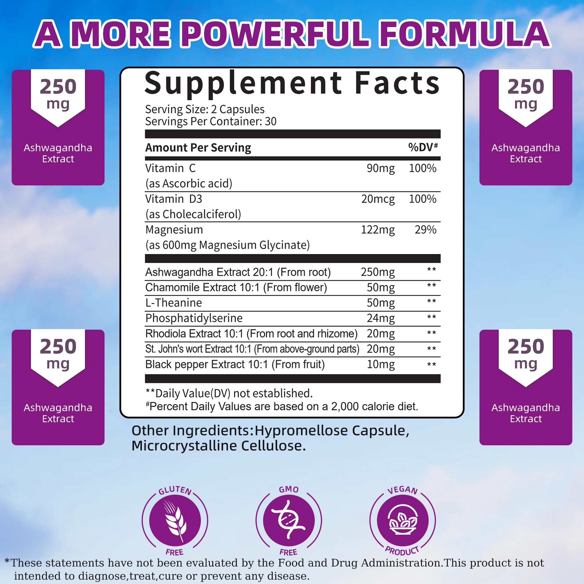 Close-up of product ingredients: Ashwagandha, Chamomile, Rhodiola