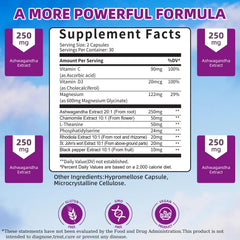 Close-up of product ingredients: Ashwagandha, Chamomile, Rhodiola