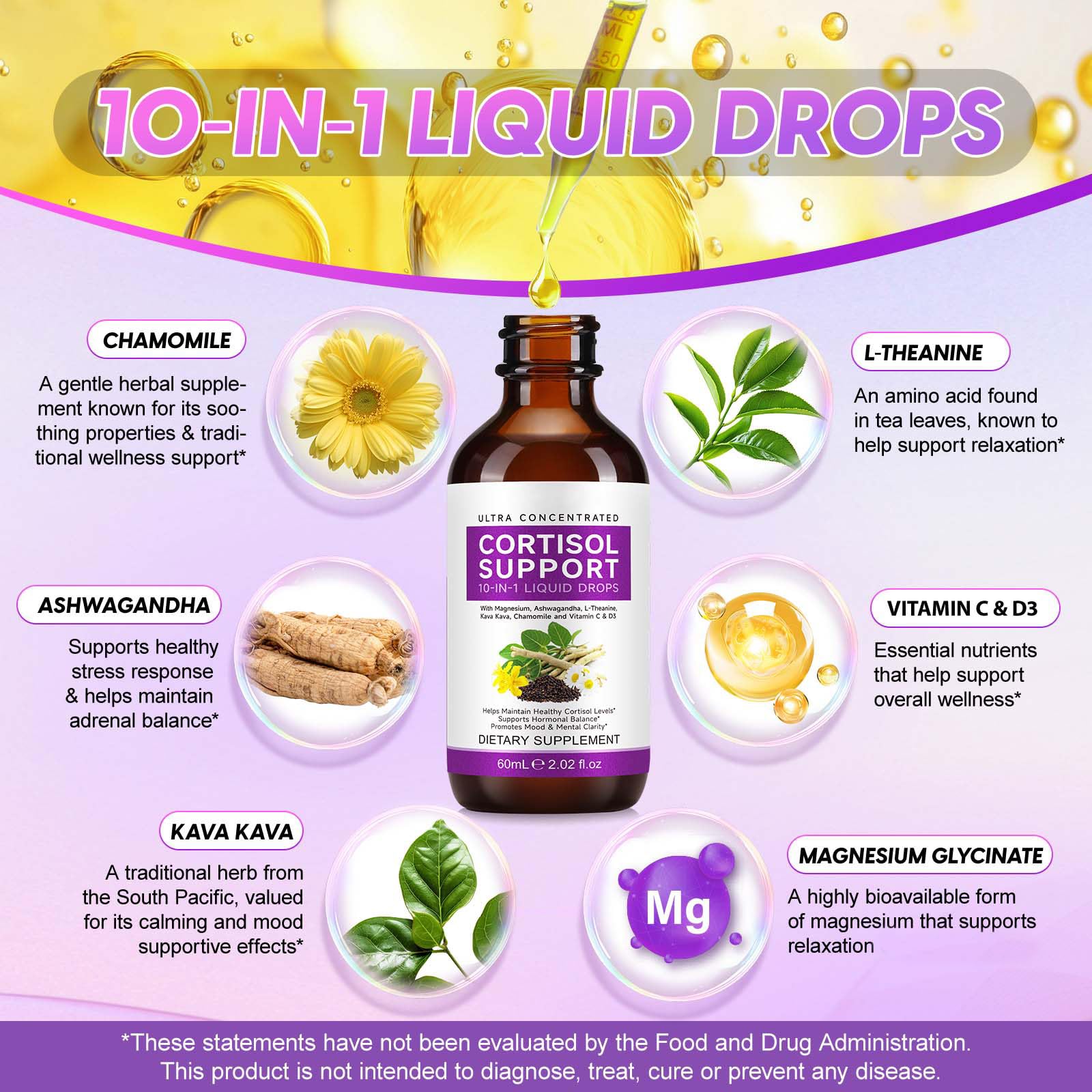 Liquid cortisol supplement drops bottle on blue background