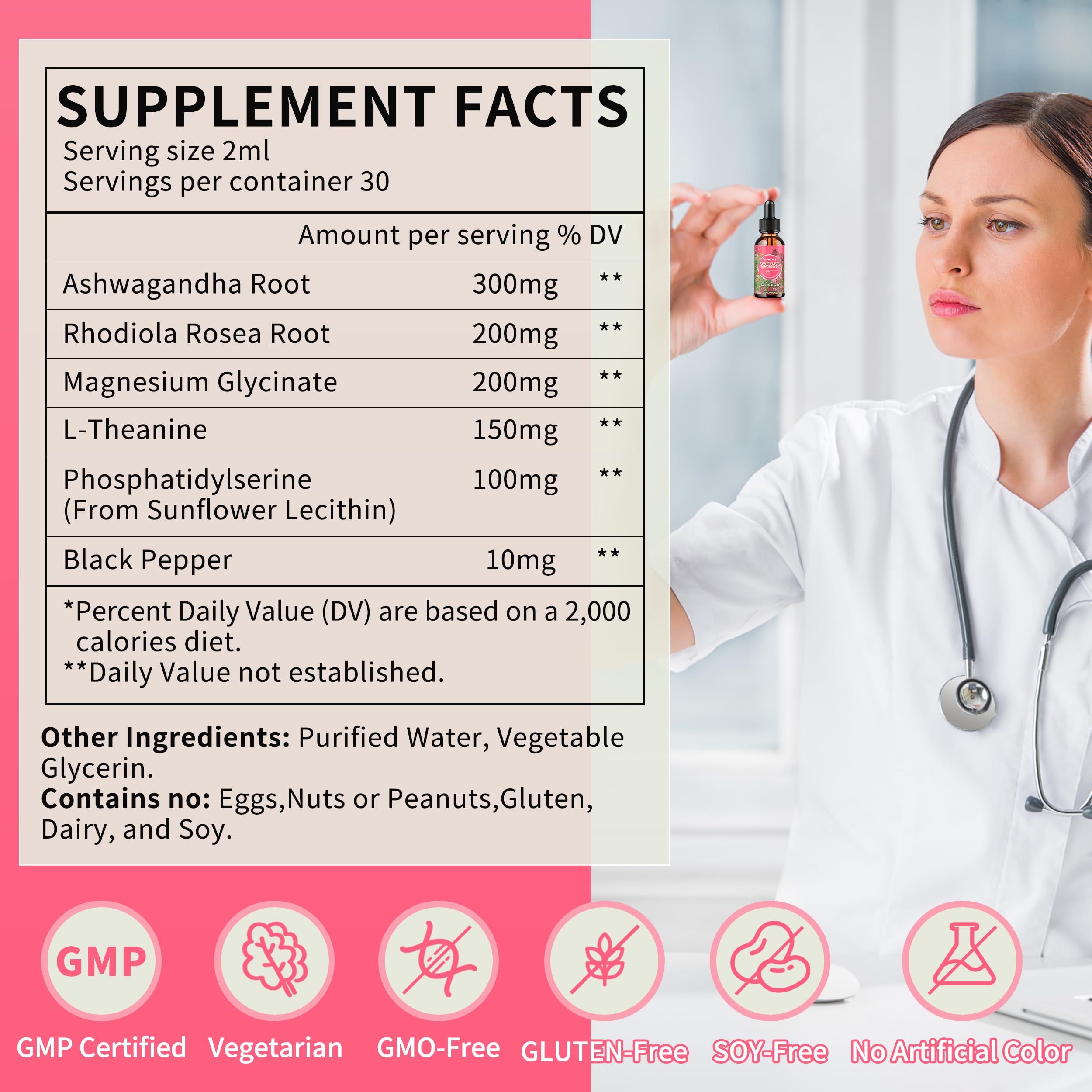Illustration of ingredients: ashwagandha, rhodiola rosea, L-theanine, phosphatidylserine
