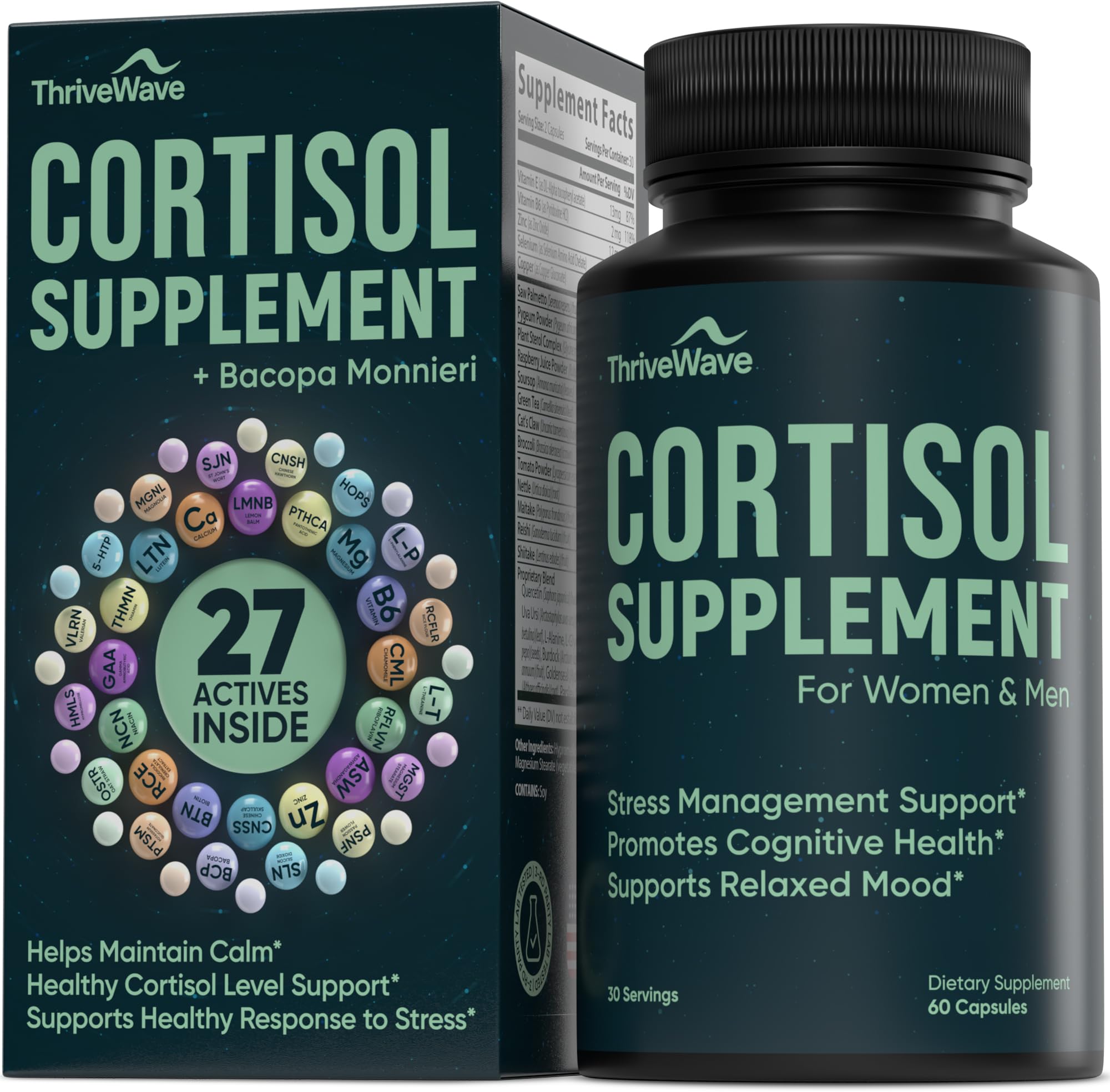 Front view of cortisol supplement bottle for women and men