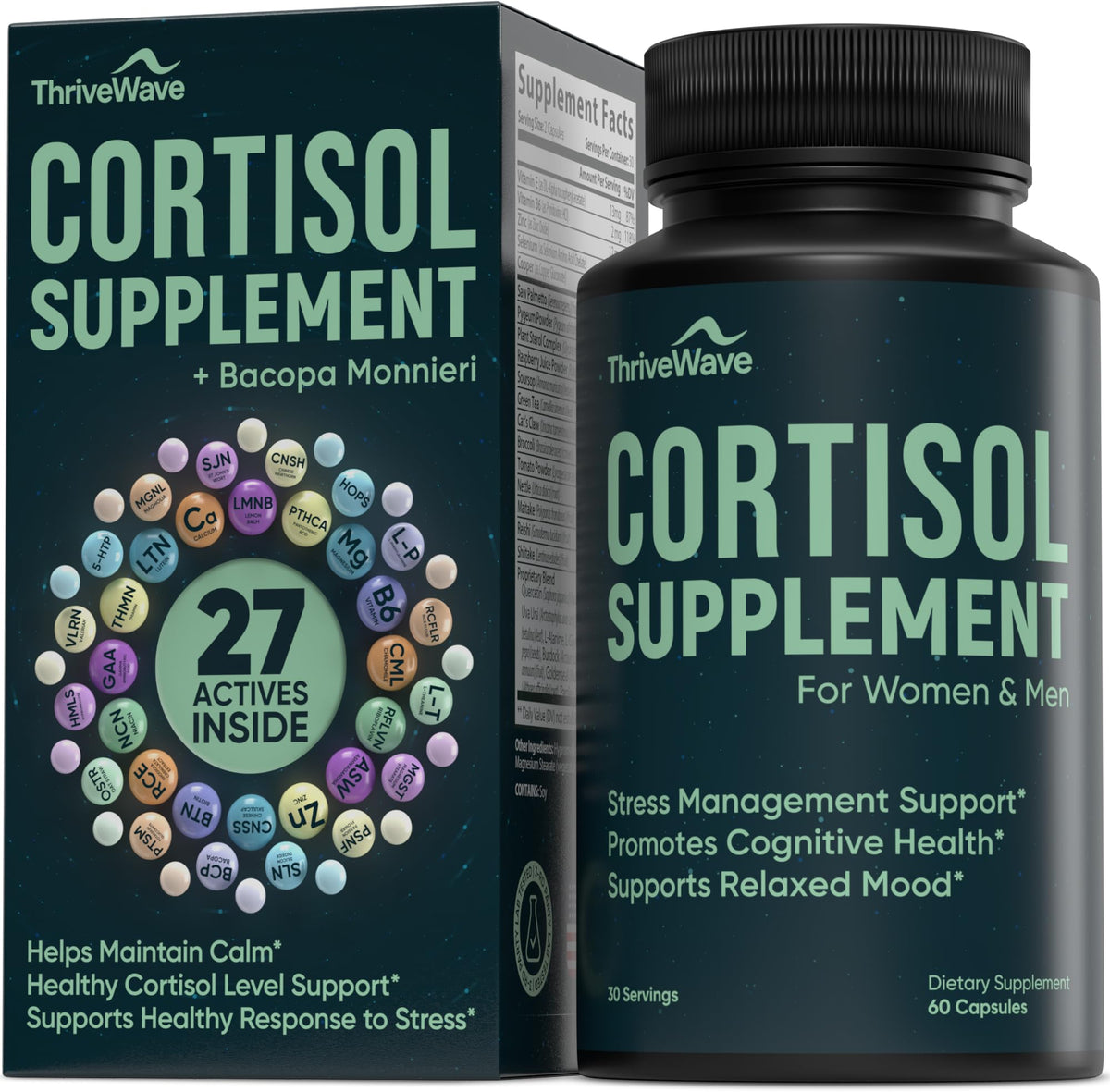 Front view of cortisol supplement bottle for women and men