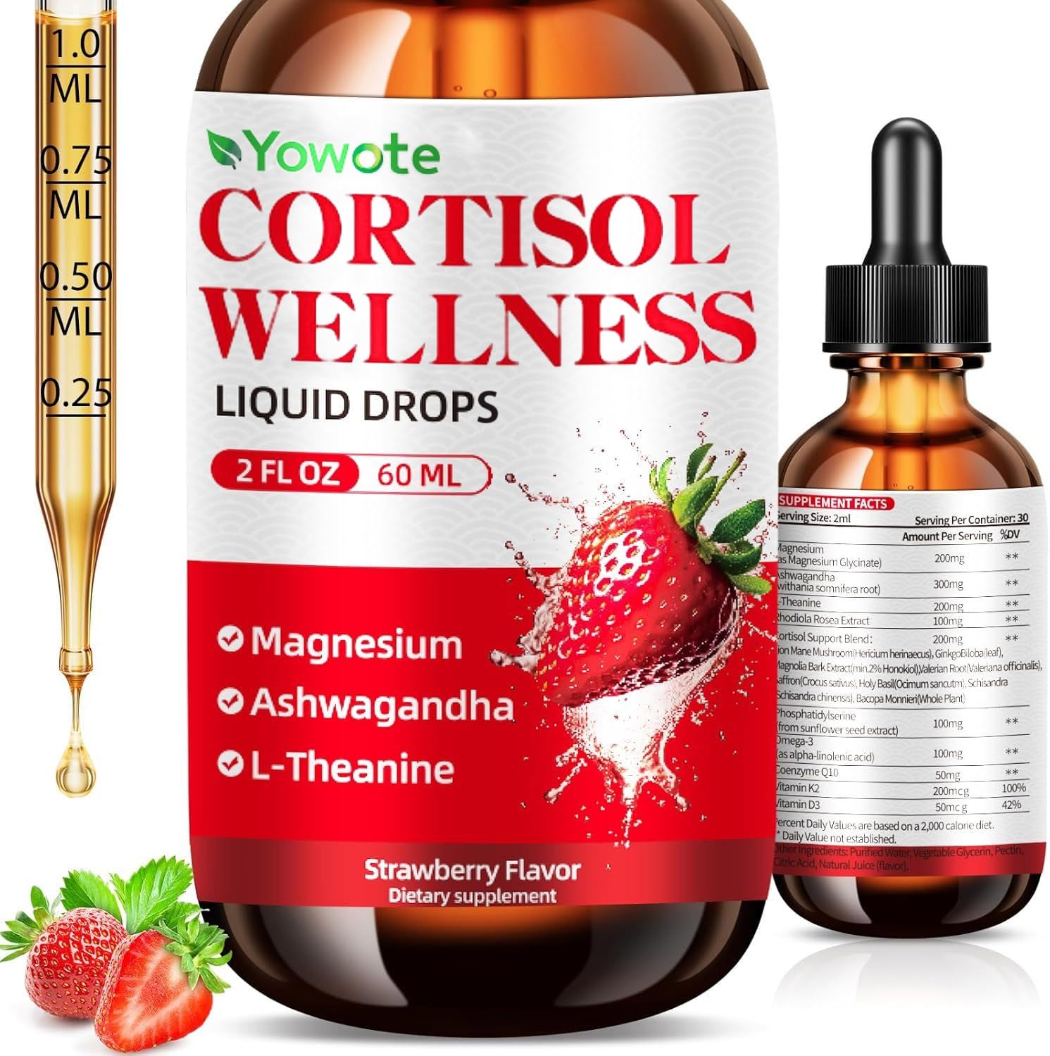 Cortisol support liquid drops bottle with strawberry label