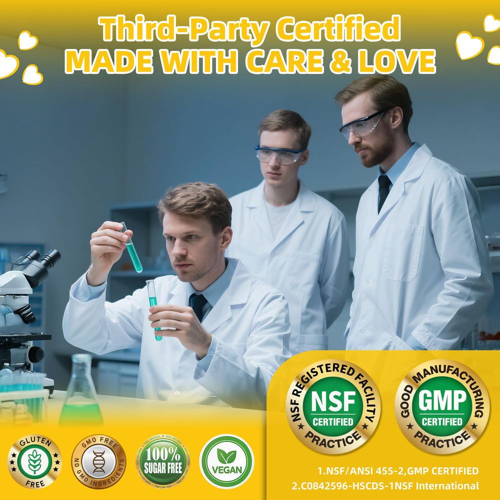 Close-up of gummy with ingredients like Ashwagandha and L-Theanine imagery