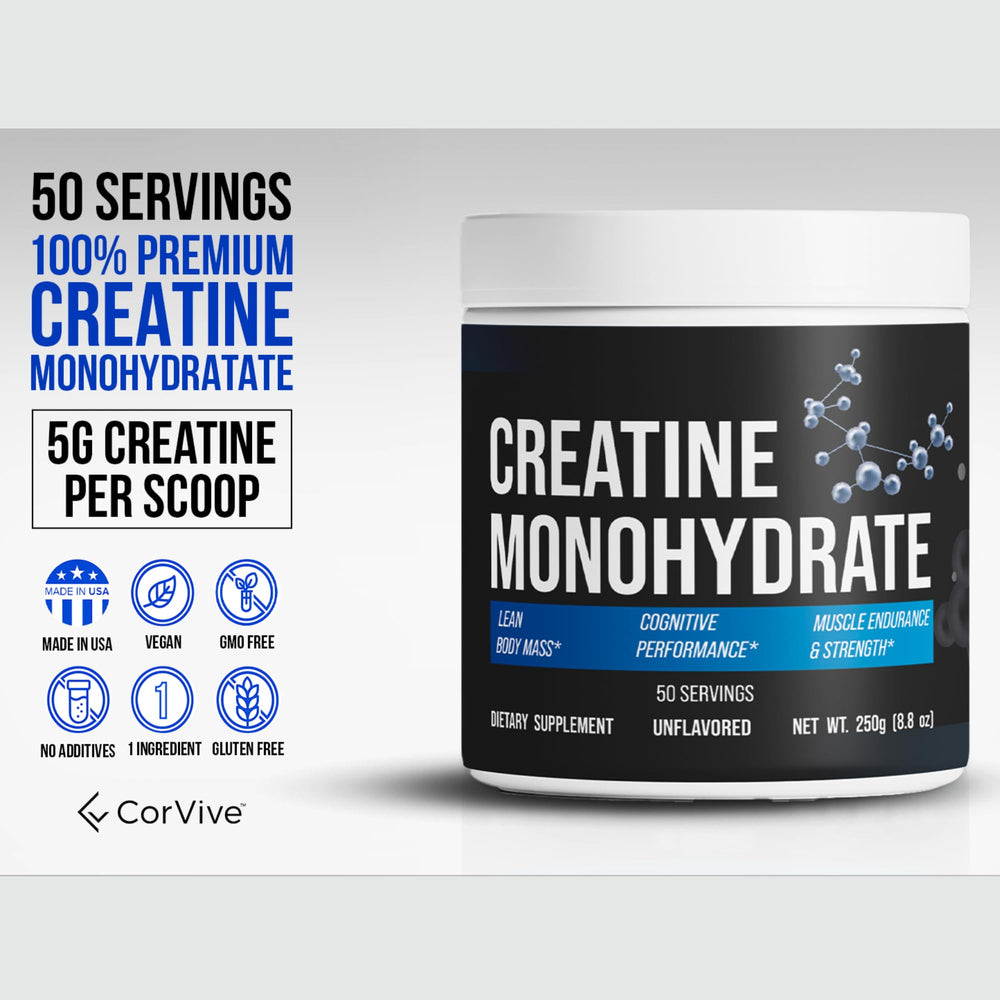CorVive Creatine Monohydrate packaging highlights vegan, non-GMO formula.