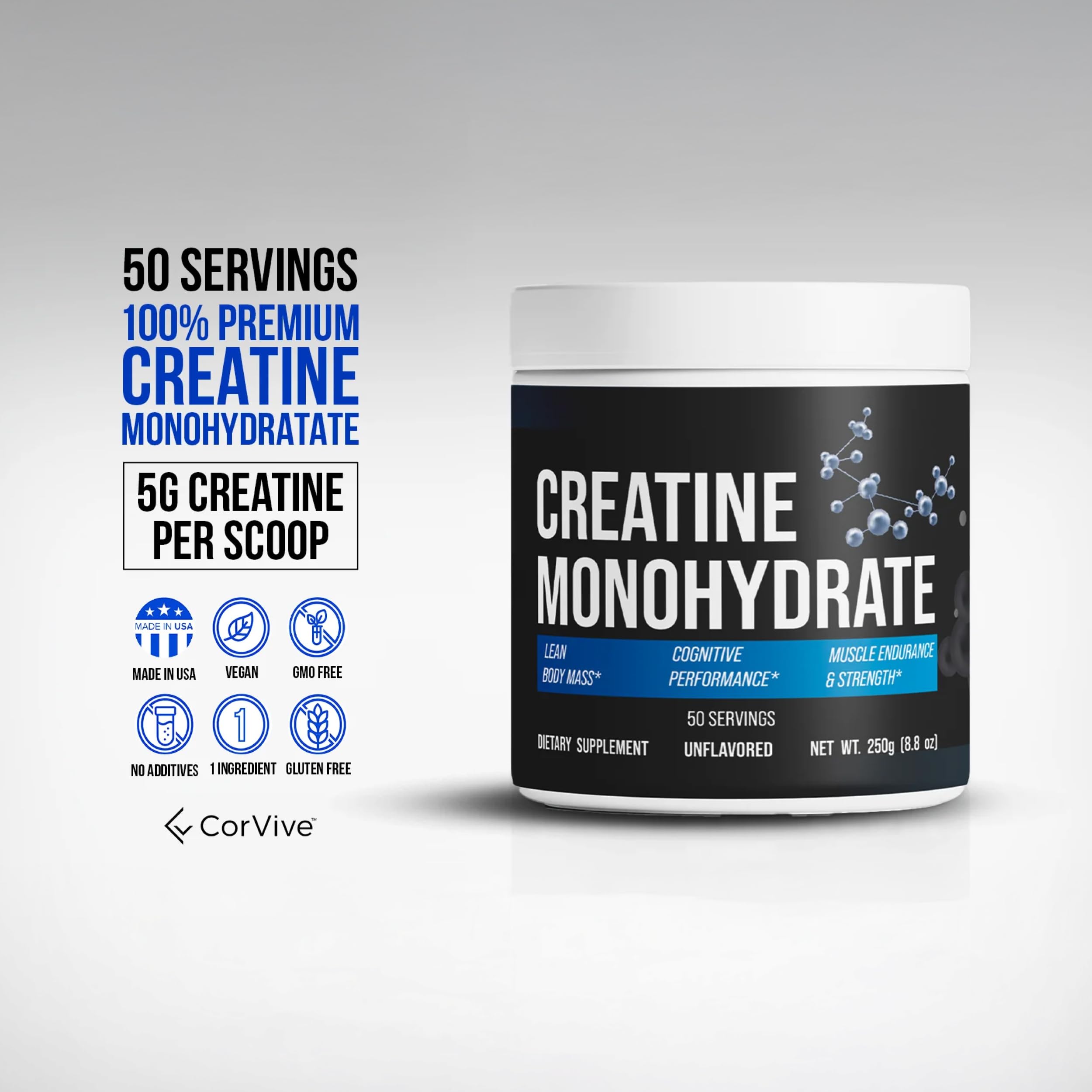 CorVive Creatine Monohydrate scoop measured for strength and endurance support.
