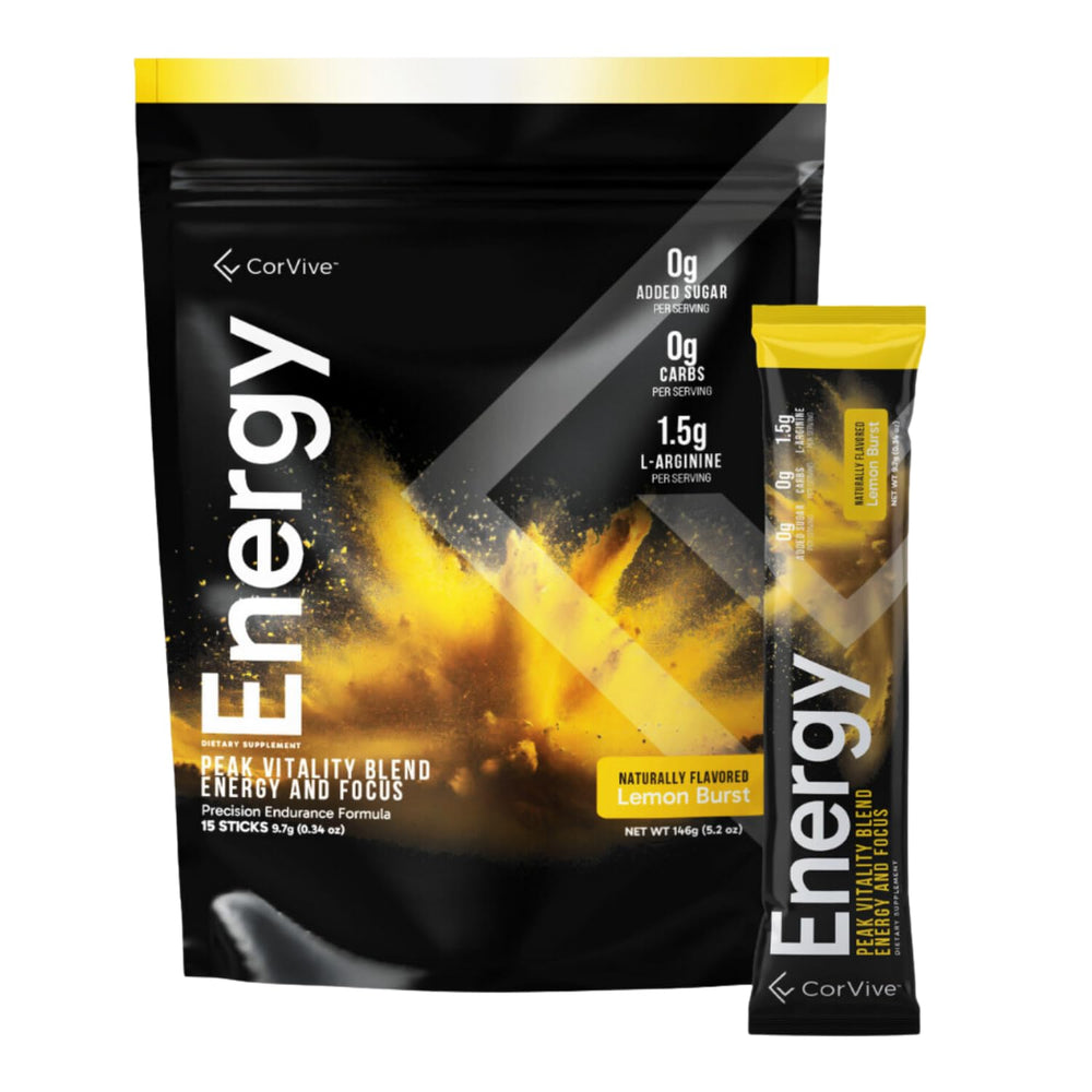 CorVive Energy box front premium packaging for quick morning energy boost.