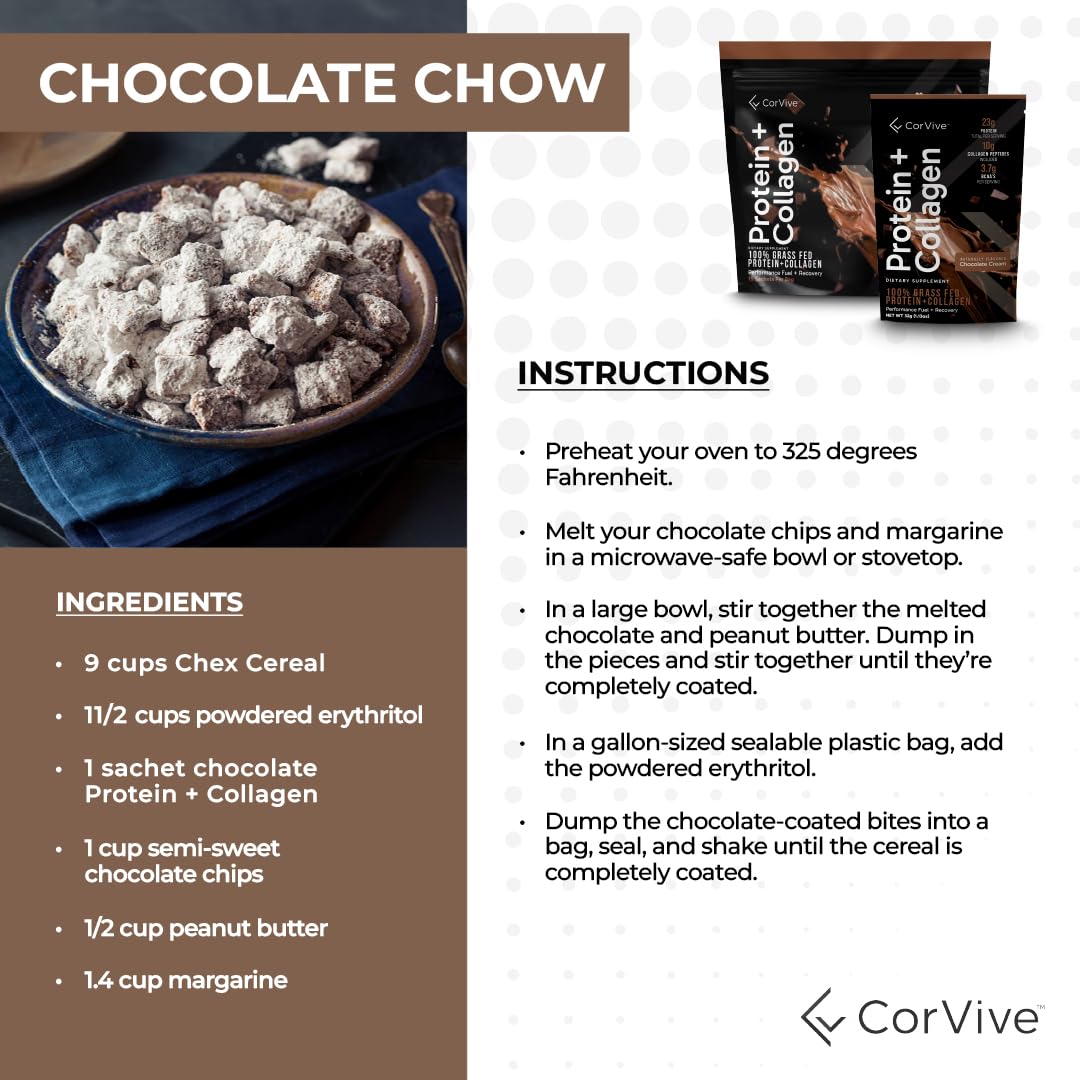 CorVive Protein + Collagen Powder chocolate packaging close-up.