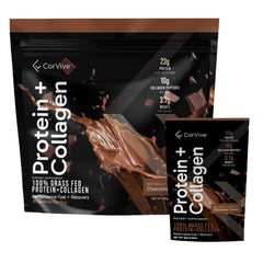 CorVive Protein + Collagen Powder chocolate sachet ready for on-the-go protein boost.
