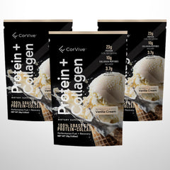 CorVive Protein + Collagen powder close-up reveals grass-fed sources and clean ingredients.