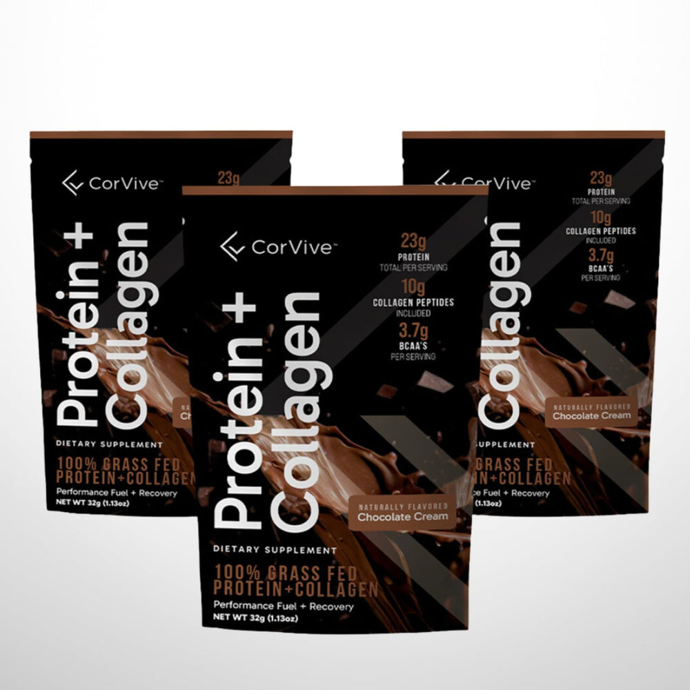 CorVive Protein + Collagen Powder ingredients label showing gluten-free and no artificial ingredients.