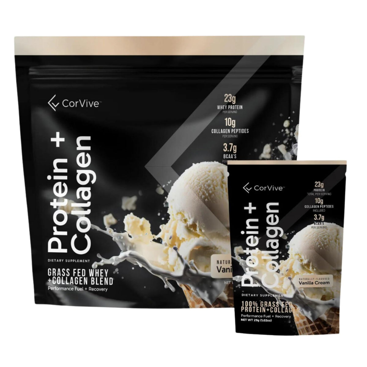 CorVive Protein + Collagen Powder vanilla packaging highlights convenient daily protein for active lifestyles.