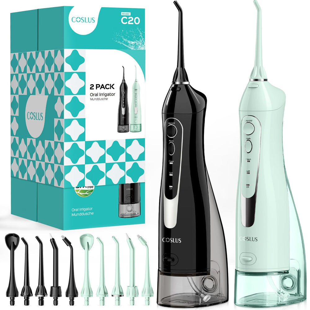 Front view of COSLUS 2 pack cordless water flosser in black and green