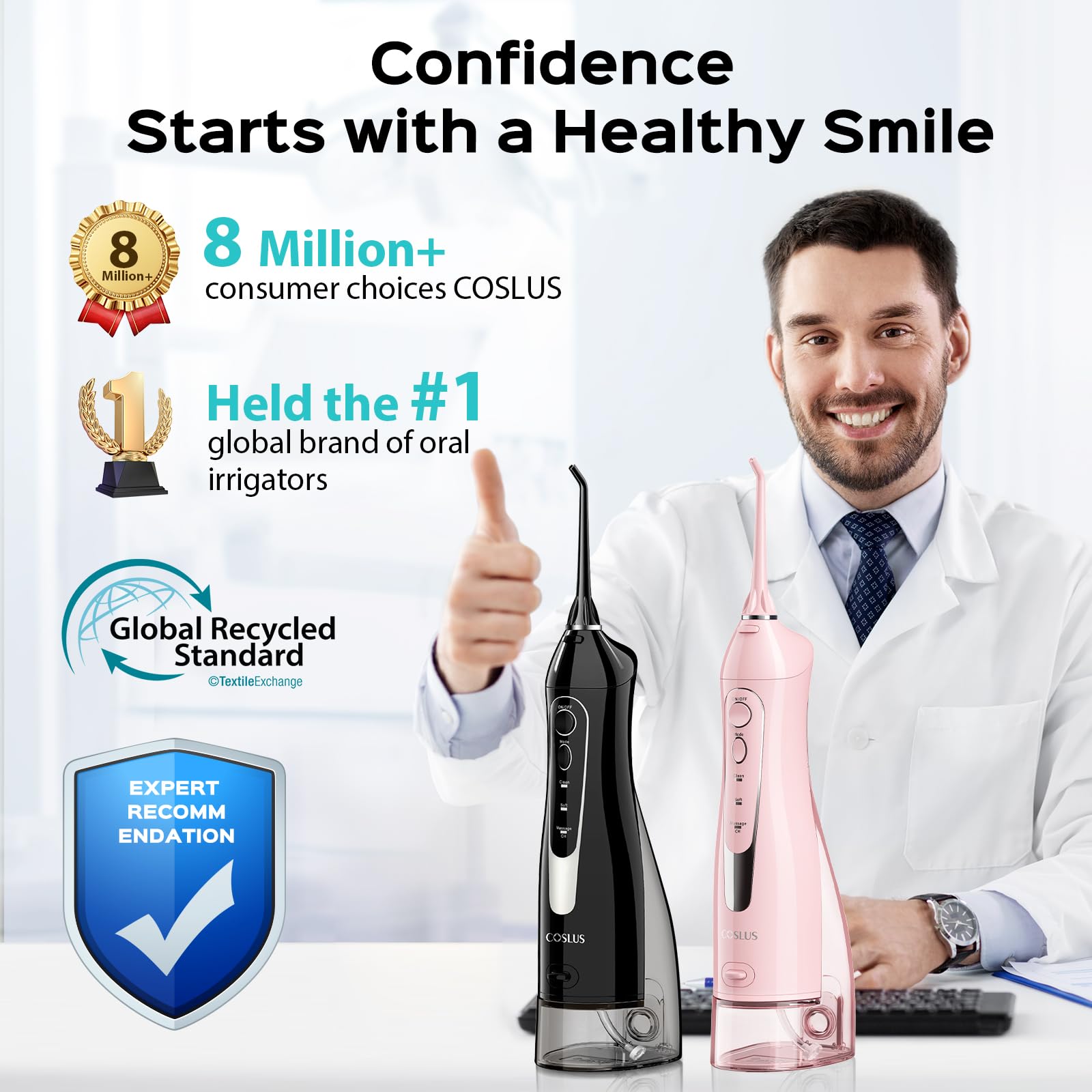 Elegant COSLUS packaging for 2-pack cordless water flossers