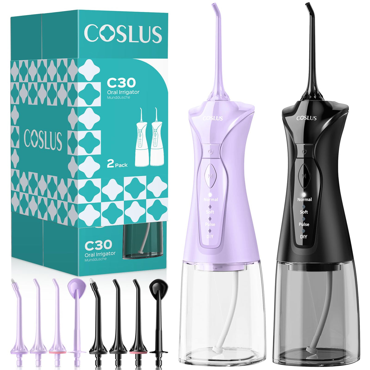 COSLUS 2-Pack Water Flosser packaging with included accessories