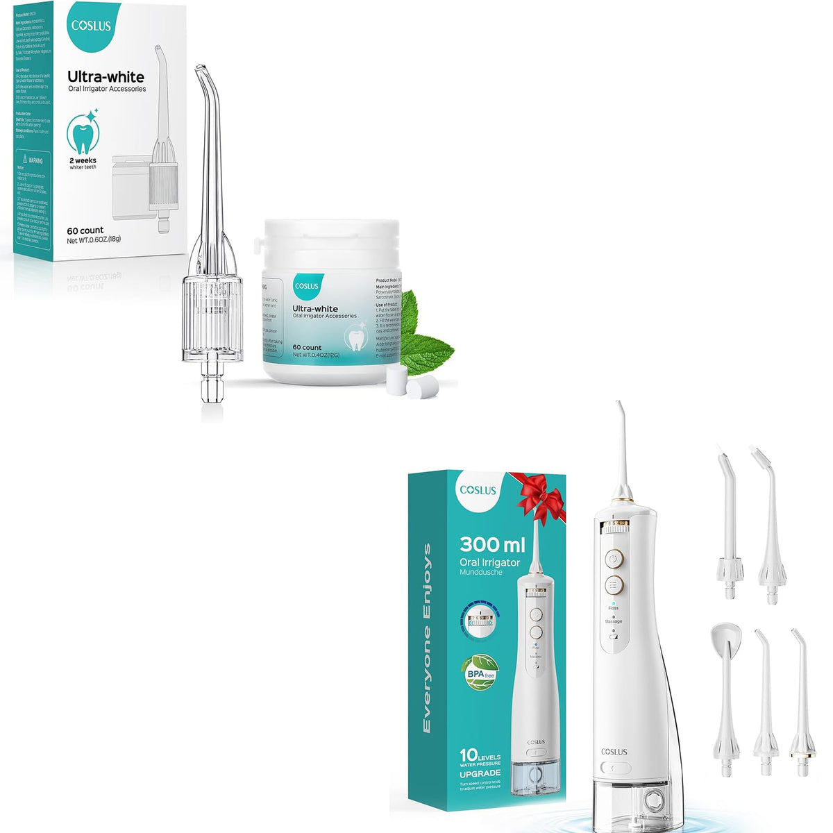 COSLUS cordless water flosser with dental pick and 10 adjustable pressure settings