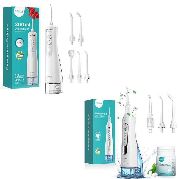 Front view of COSLUS cordless whitening flosser with 300ml tank