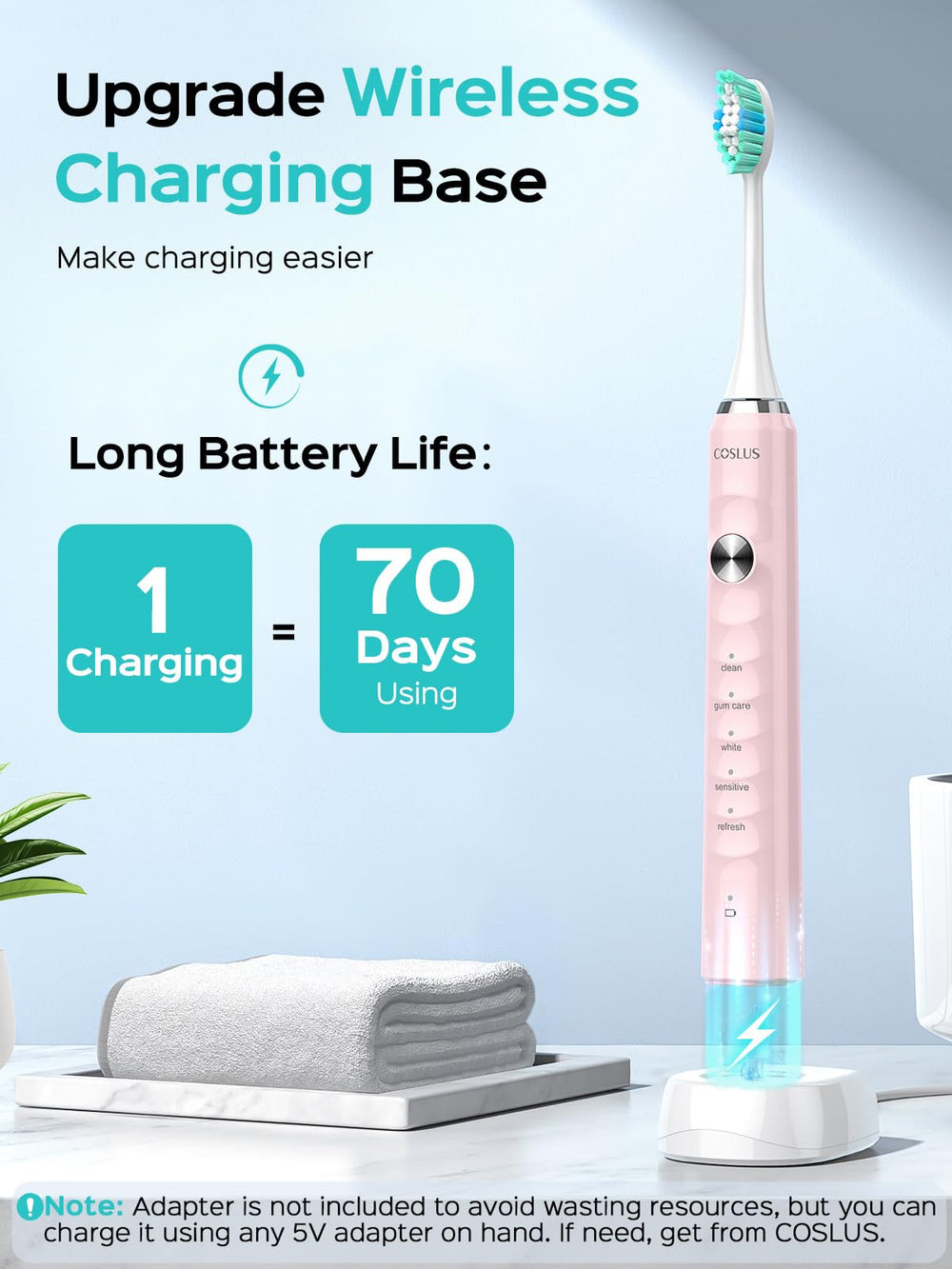 IPX7 waterproof COSLUS toothbrush for bathroom or shower