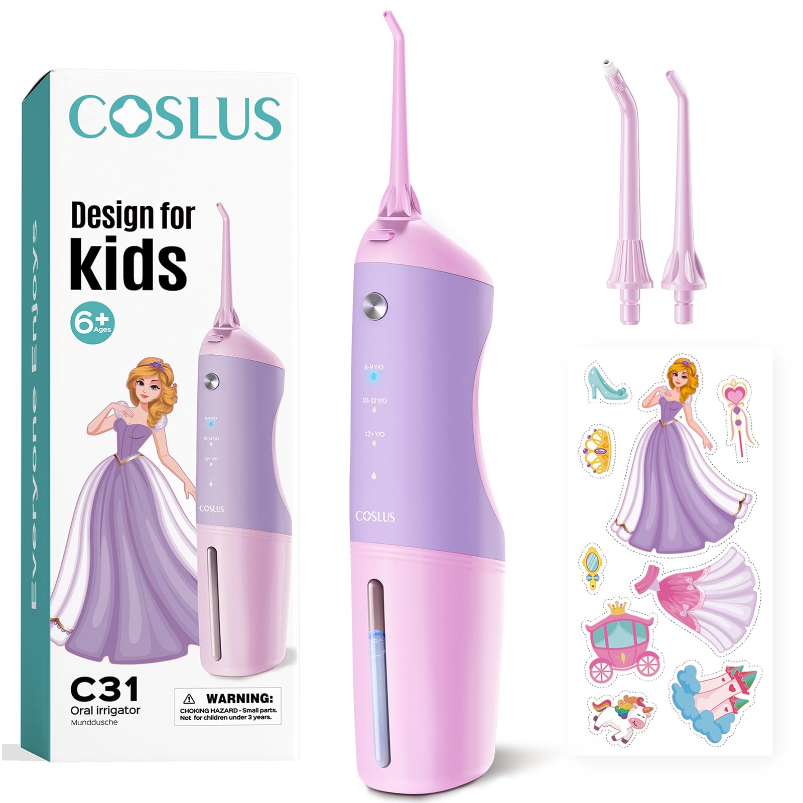 Front view of COSLUS Kids Water Dental Flosser in pink and purple