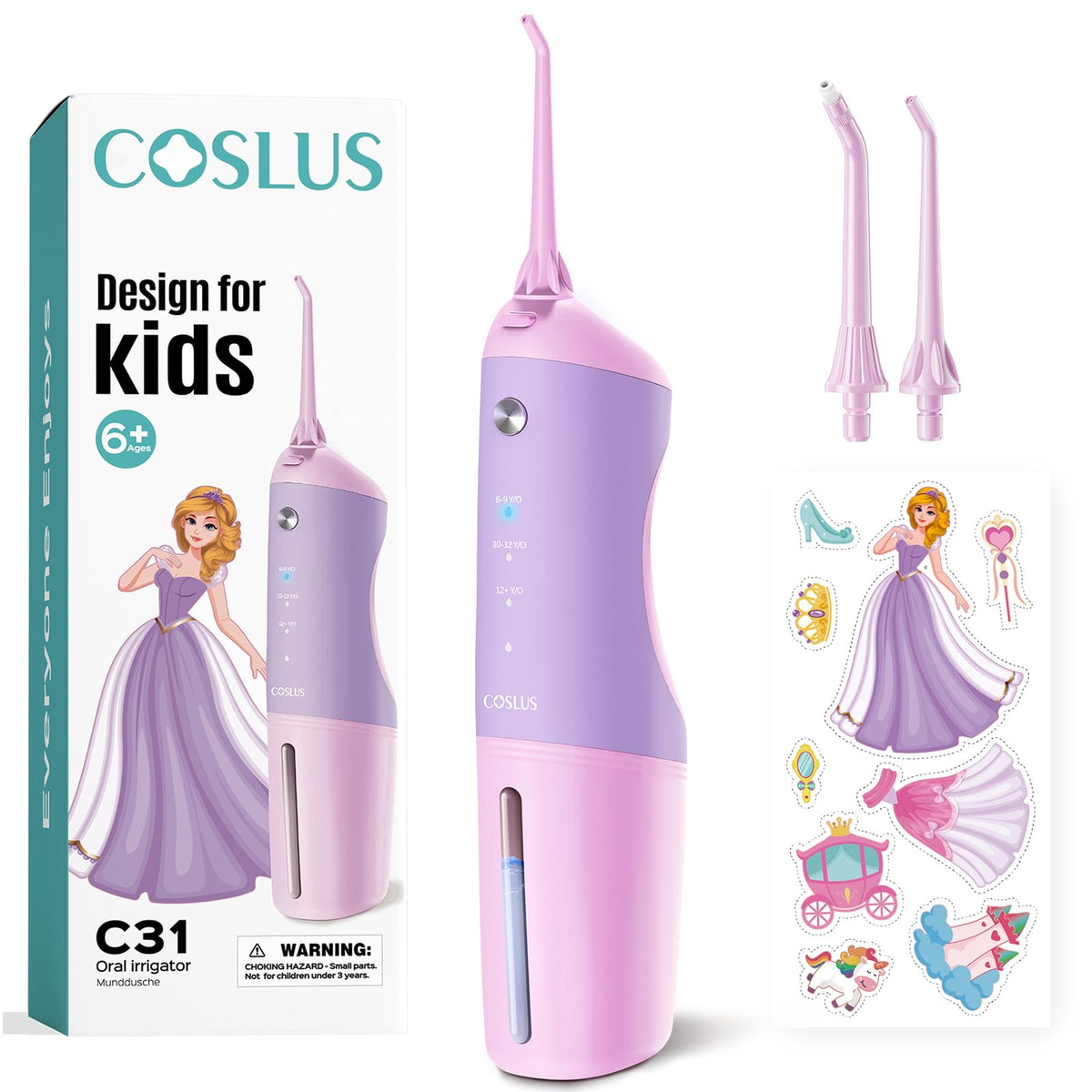 Front view of COSLUS Kids Water Dental Flosser in pink and purple