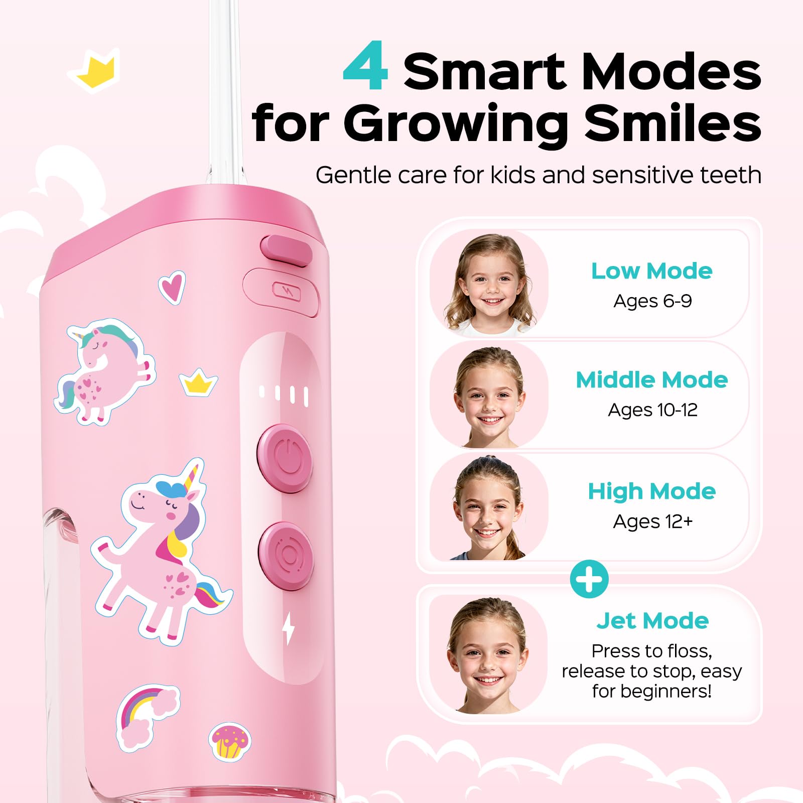 Child ages 6+ using COSLUS water flosser for braces and sensitive teeth