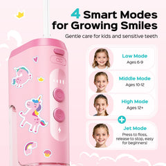 Child ages 6+ using COSLUS water flosser for braces and sensitive teeth
