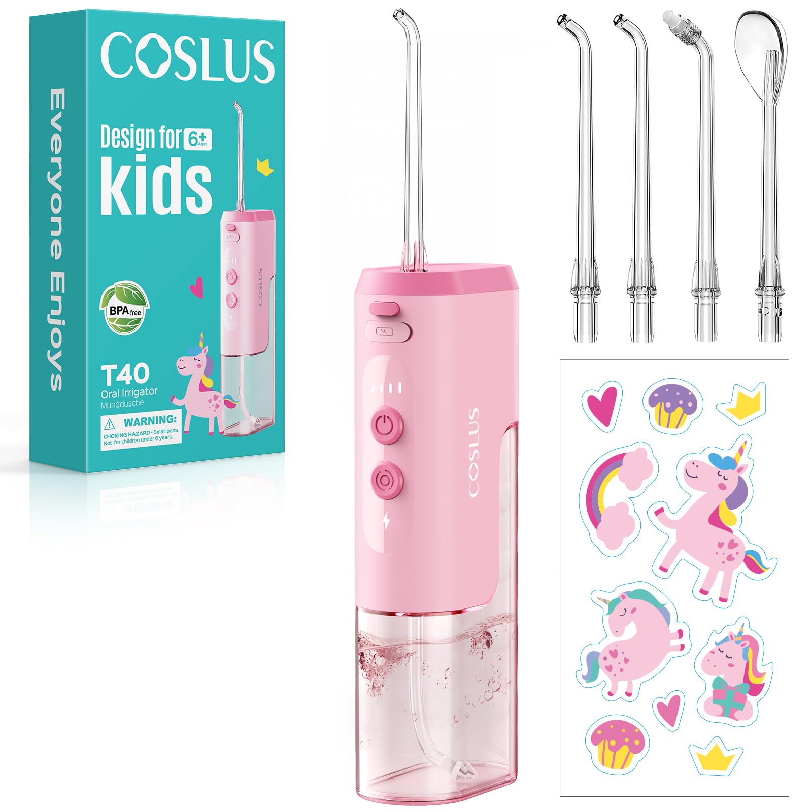COSLUS kids pink portable water flosser in compact pink design