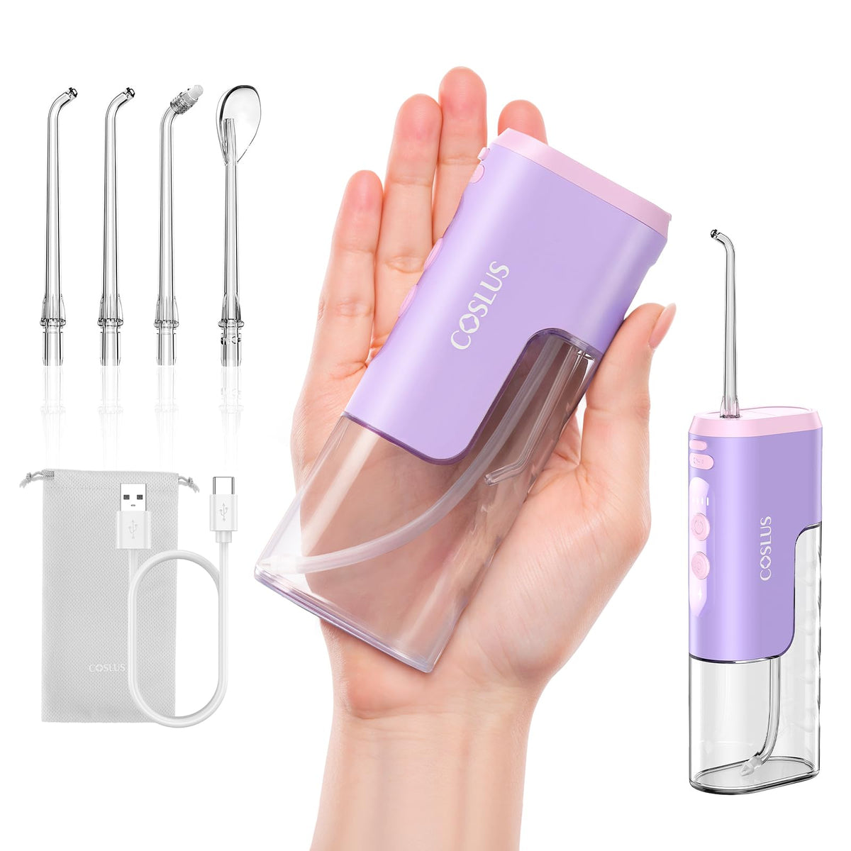 COSLUS mini travel water flosser in pink purple, compact cordless design