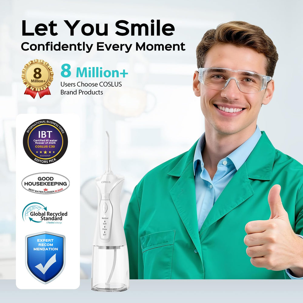 Hands holding COSLUS cordless water flosser with 300ml tank