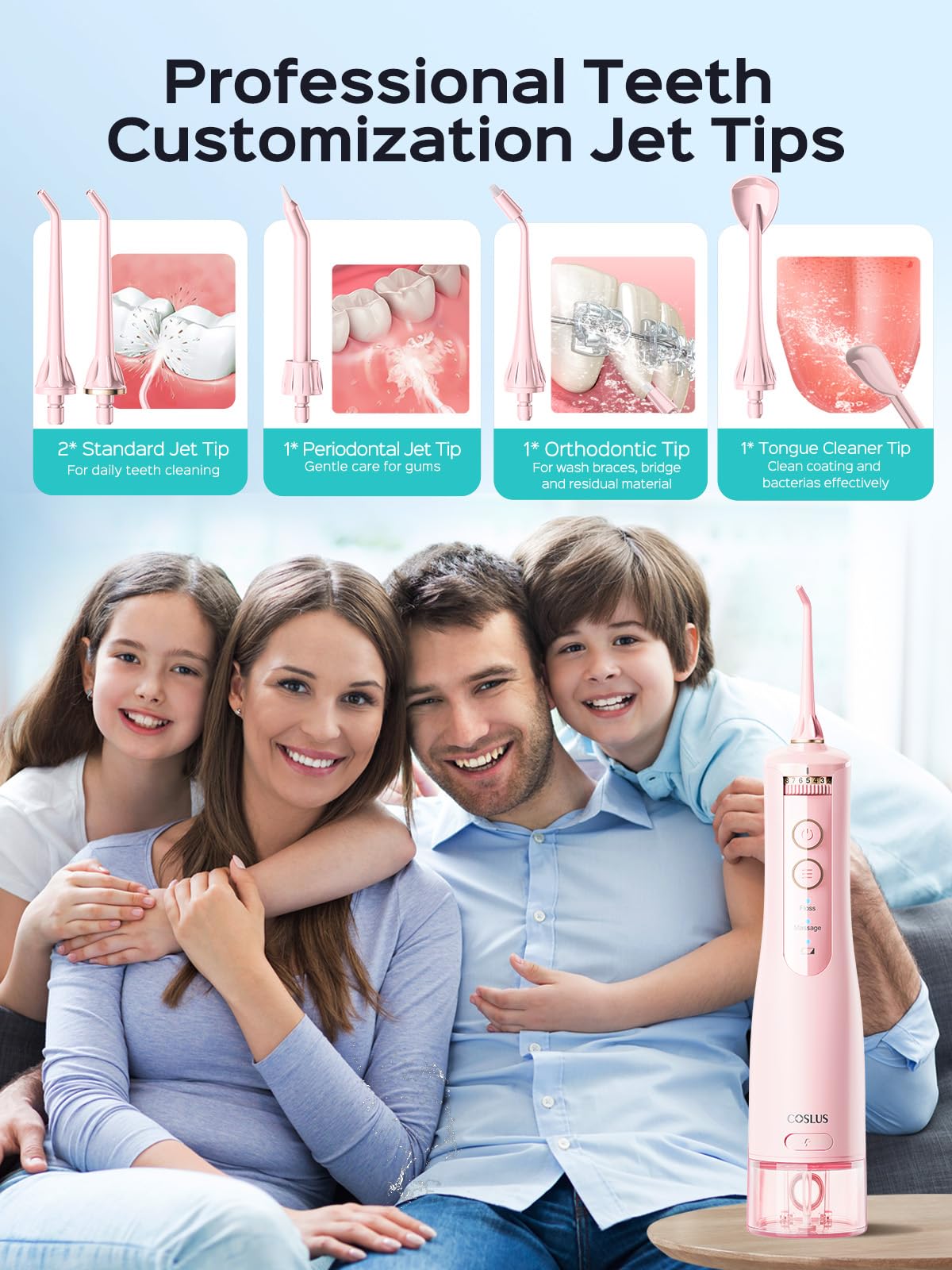 Contents include multiple tips and charging cable for COSLUS