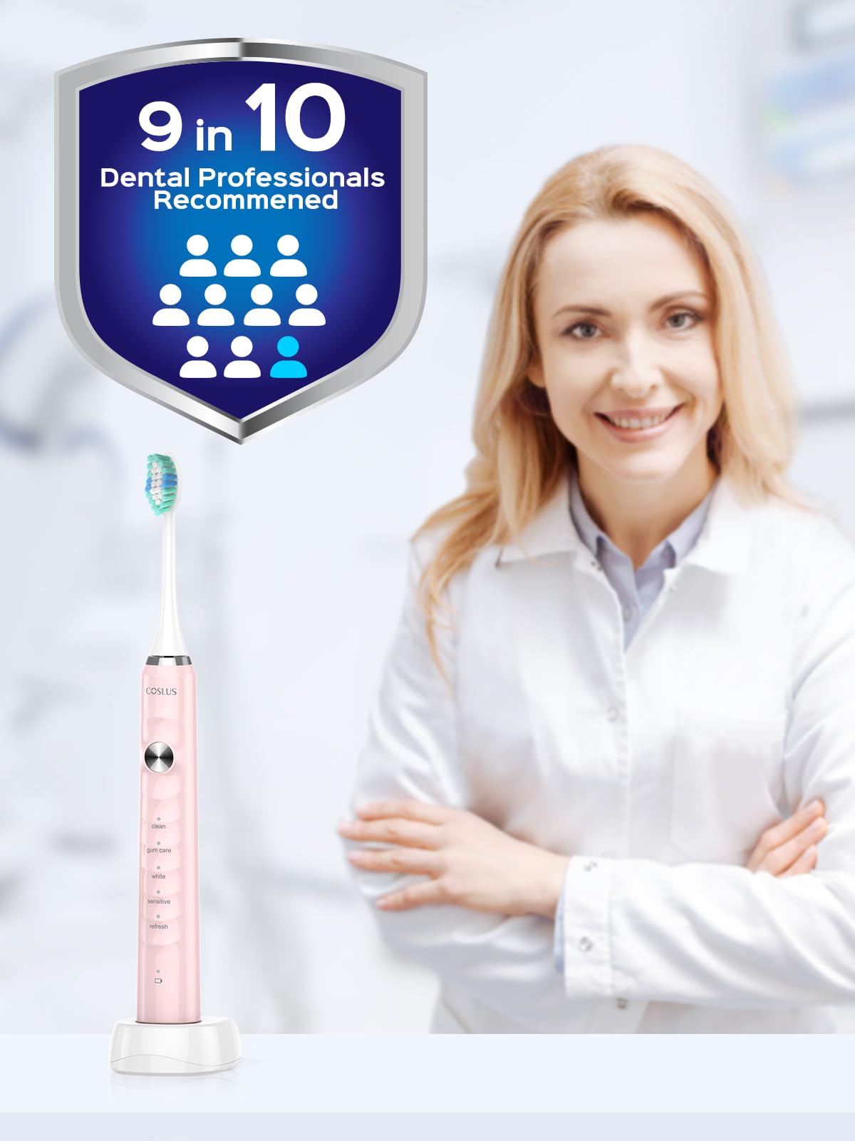 Six brush heads included with COSLUS flosser