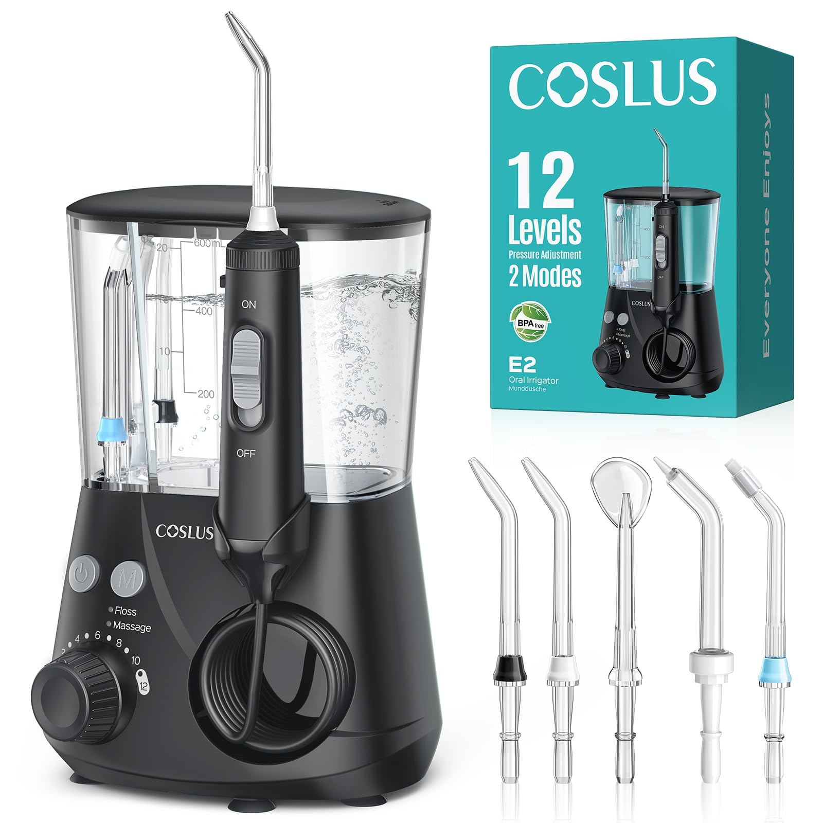 COSLUS Water Flosser Black E2 upright with 600ml tank