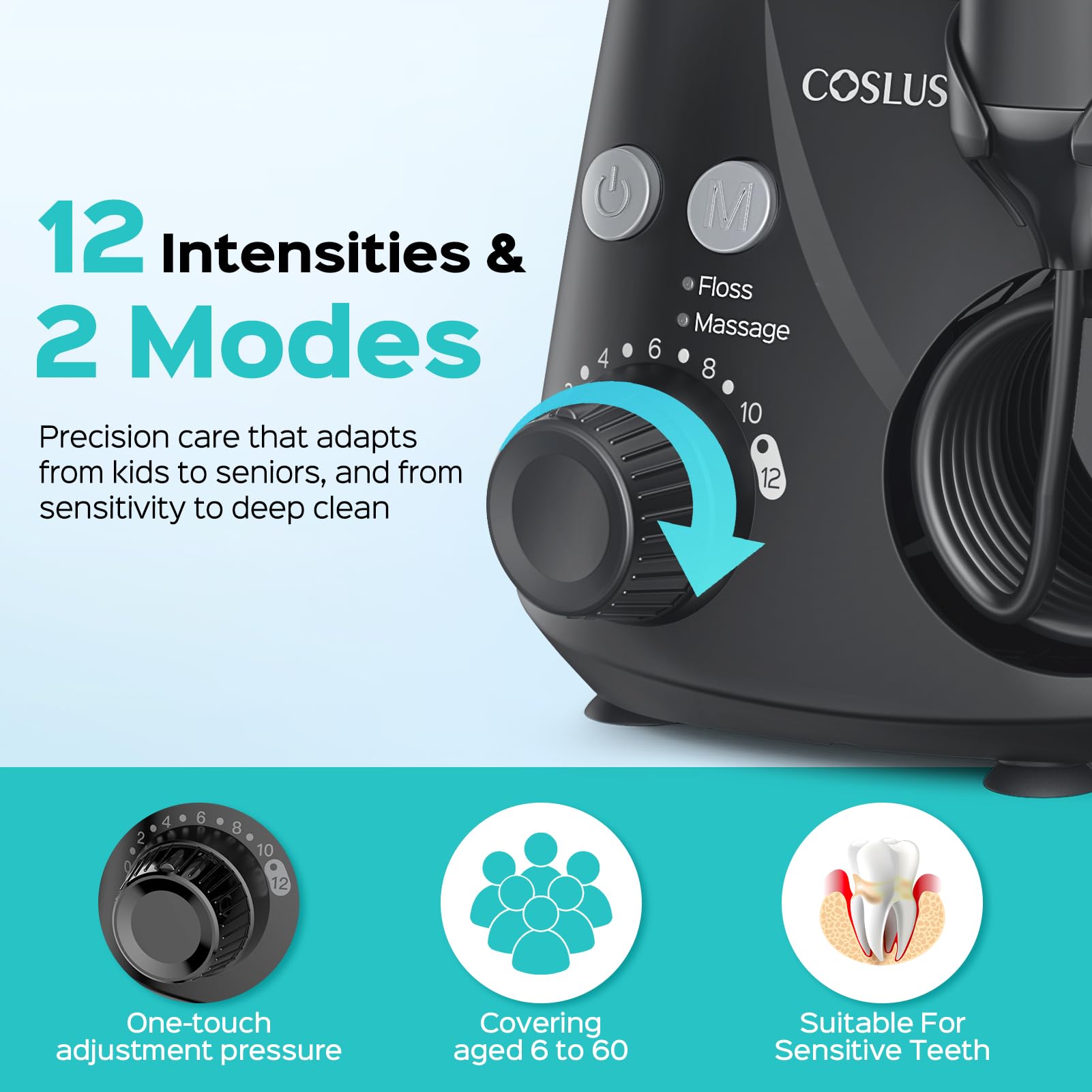 Display shows floss and massage modes for orthodontic care
