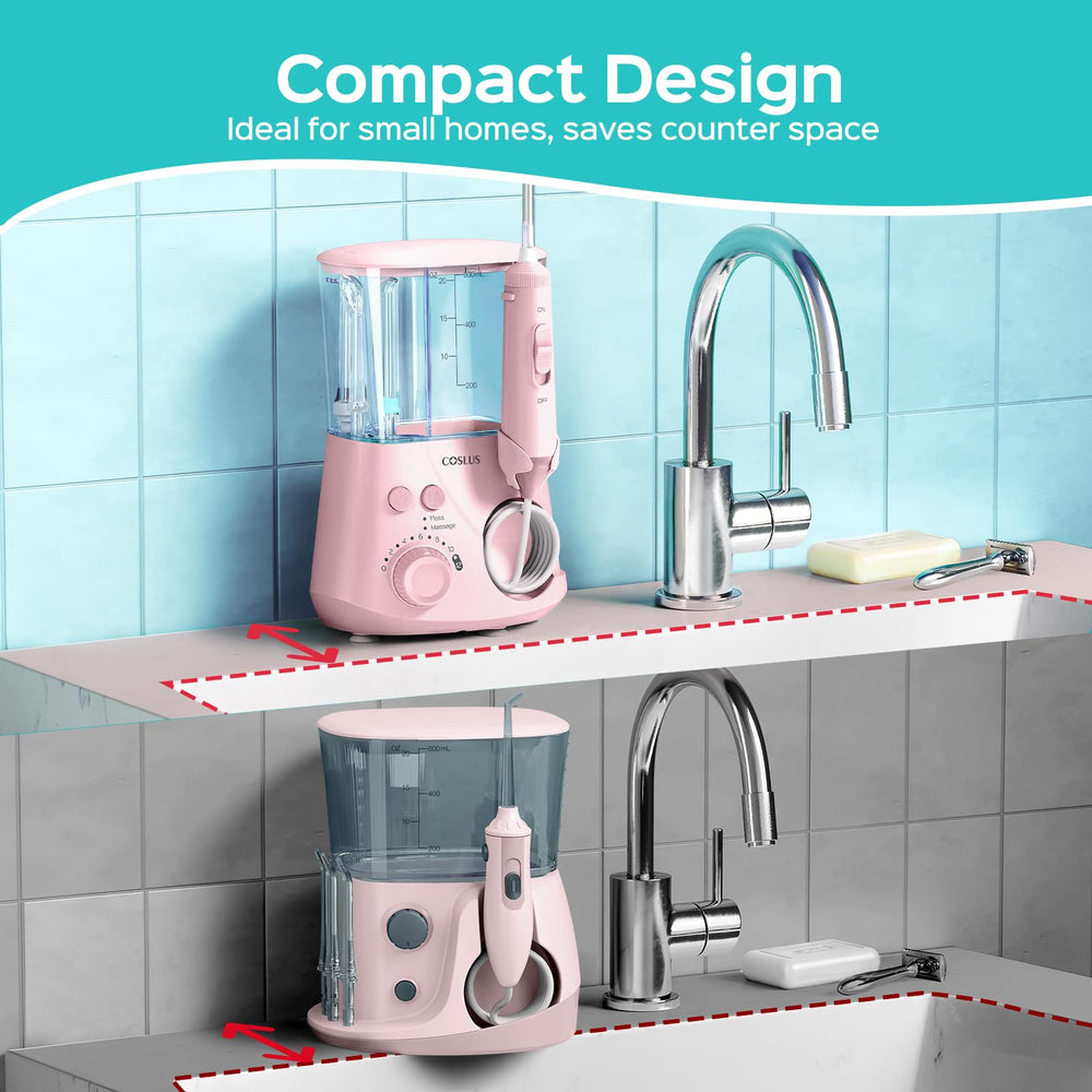 Family-friendly use of COSLUS water flosser in bathroom