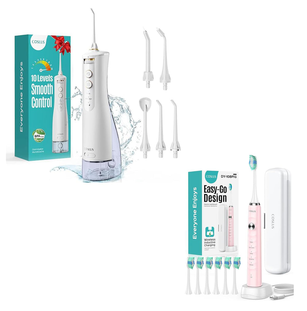 COSLUS Water Flosser Tooth Pick front view in white and pink