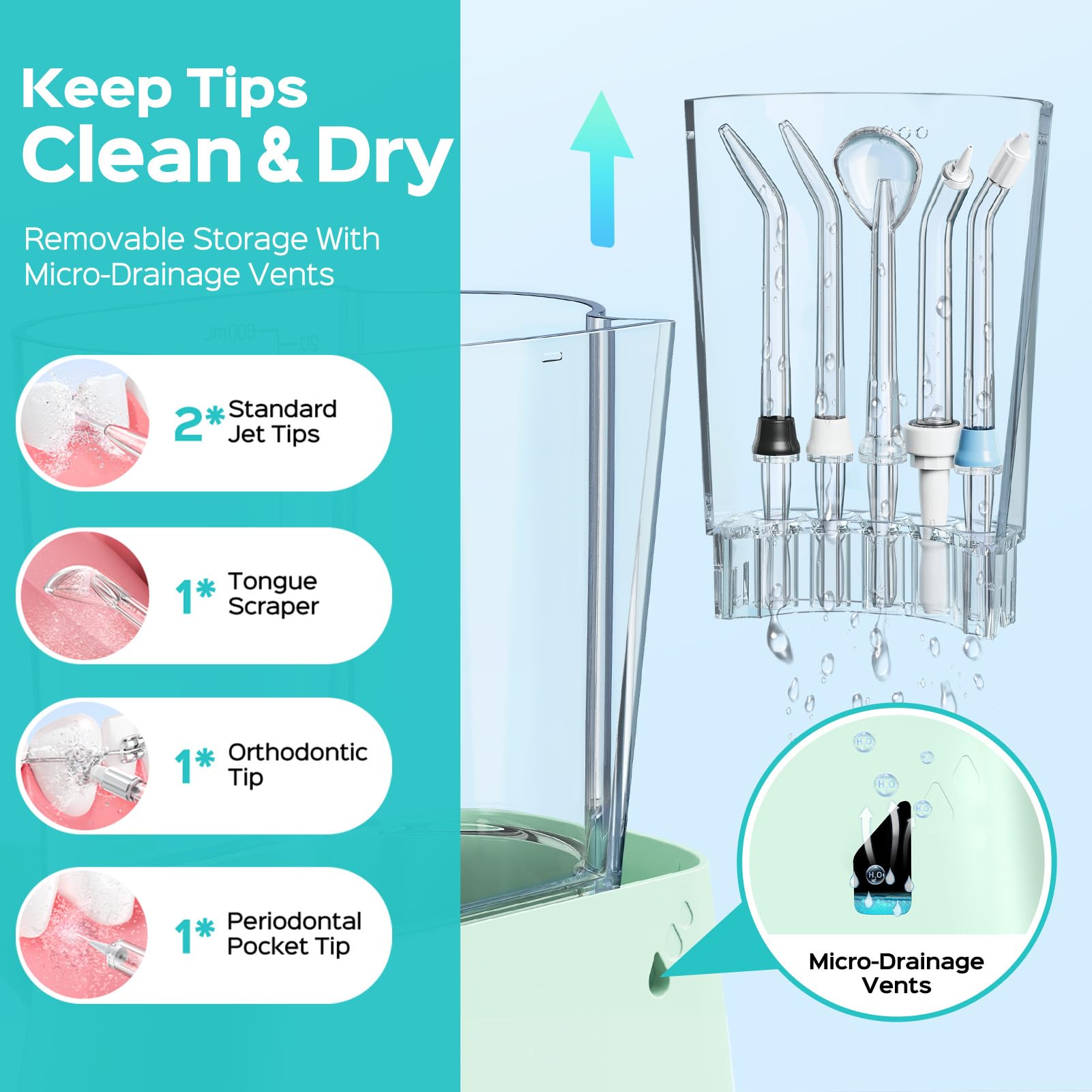 Five interchangeable jet tips for COSLUS water flosser