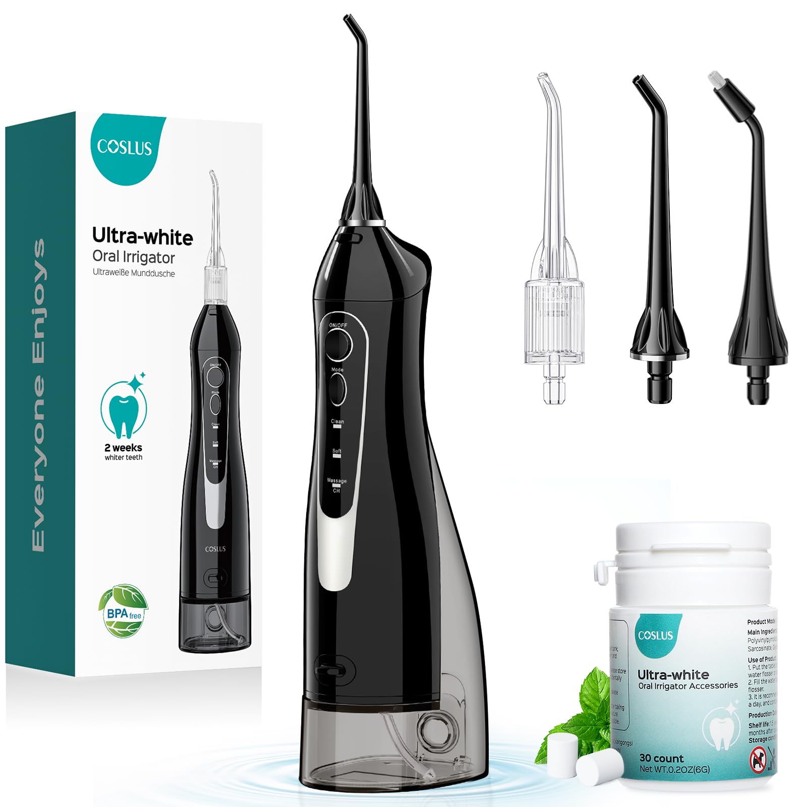 COSLUS Water Flosser Pick in black, front view