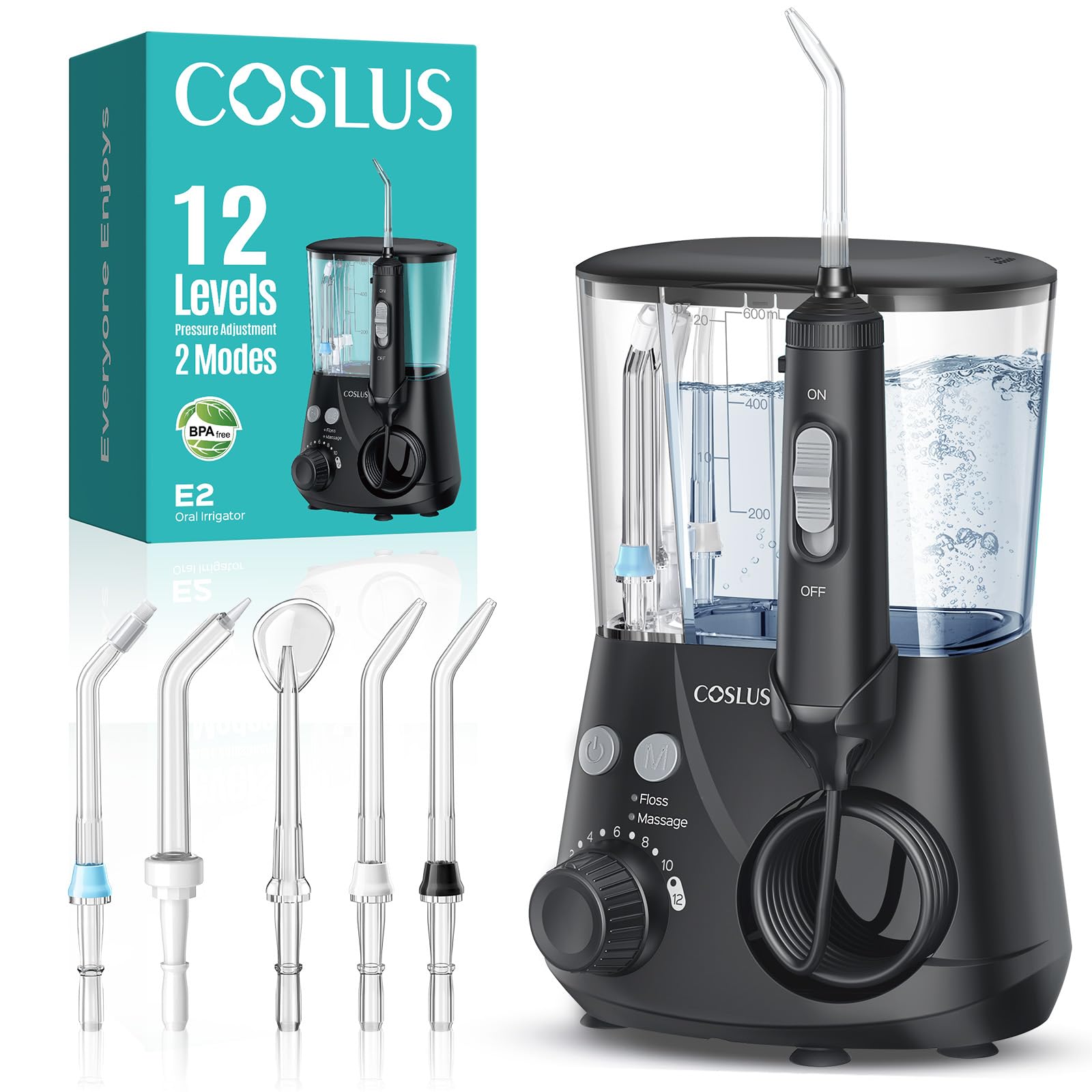 COSLUS water flosser in black with 2 modes and 12 pressure settings