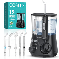 COSLUS water flosser in black with 2 modes and 12 pressure settings